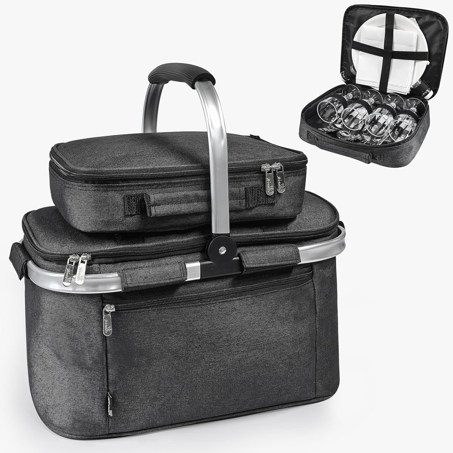 Tirrinia Insulated Picnic Basket 34L, Collapsible Cooler Basket with Cutlery Bag, Leakproof & Water Resistent Large Picnic Bag for Beach, Camping, Travel, Shopping
