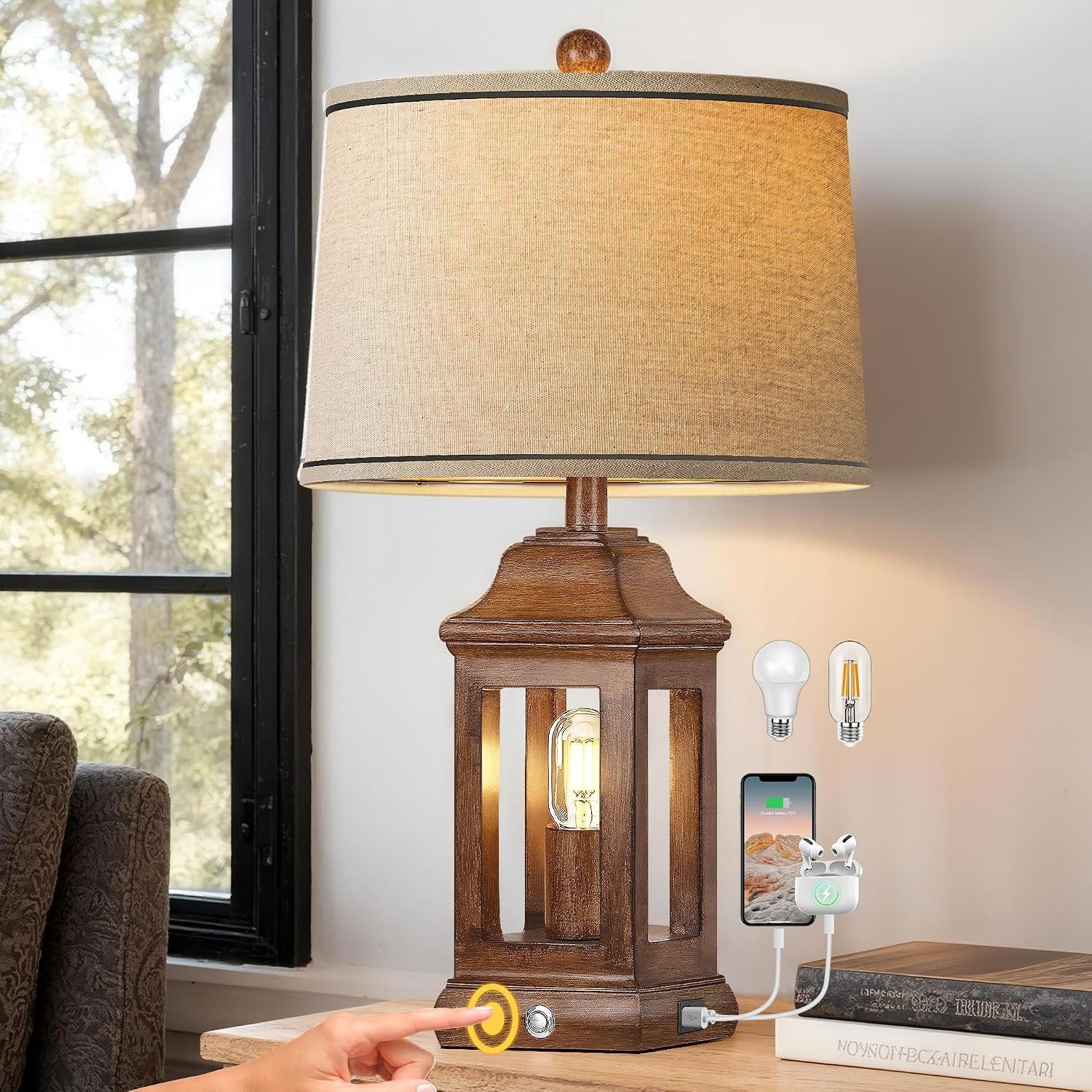 24″ Rustic Farmhouse Table Lamps for Living Room, Single Pack Touch Dimmable Nightlight Vintage Bedside Lamps with USB A+C Ports & Dual Light Sources for Bedroom Nightstand End Table, Wood Grain