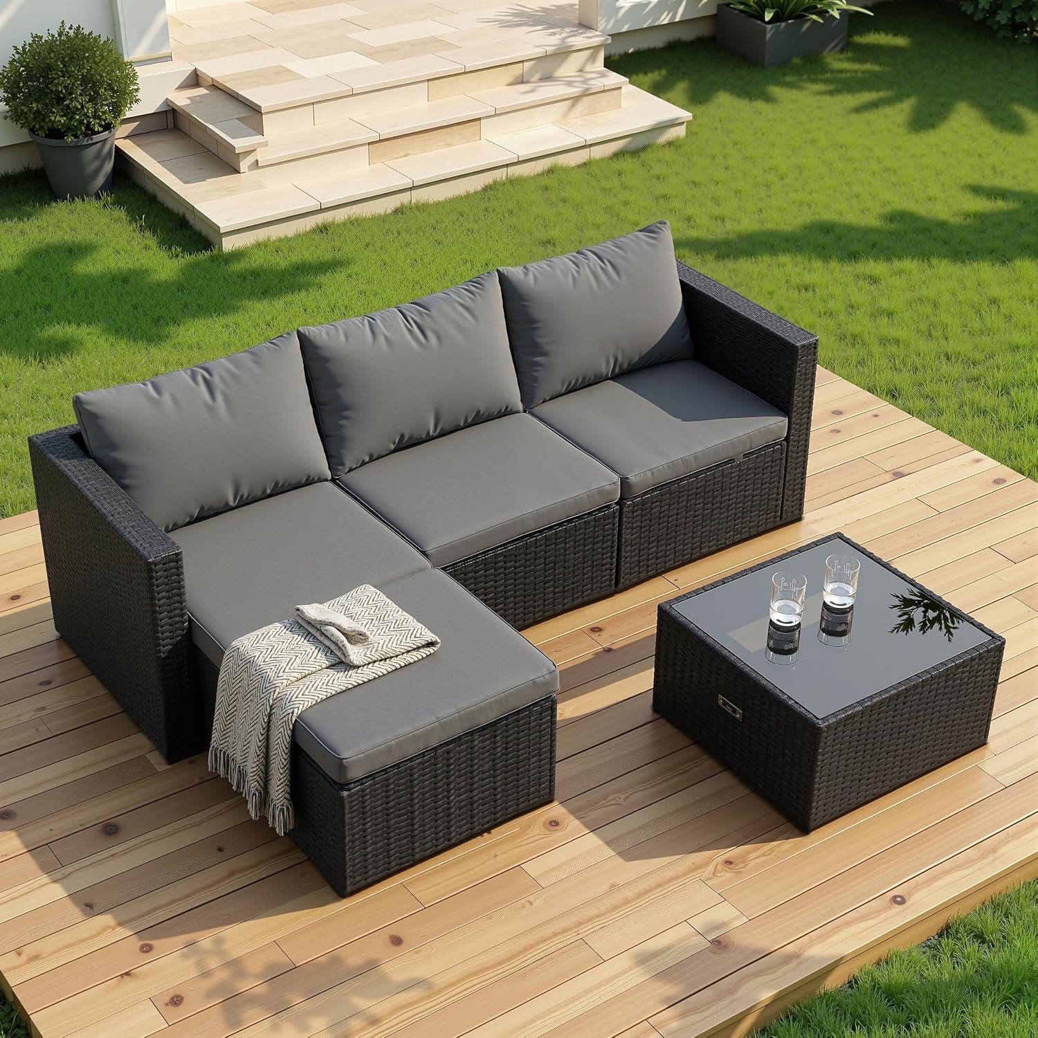Shintenchi 4 Pieces Patio Furniture Set, 2-in-1 Convertible Sectional Sofa & Chaise Lounge, All-Weather Wicker Rattan Sofa Couch with Cushions & Coffee Table for Yard, Garden, Porch, Poolside (Gray)