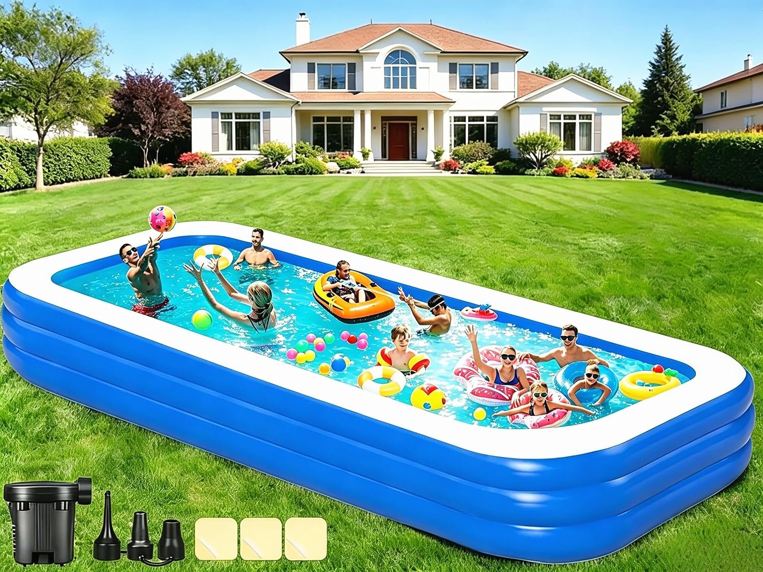 Extra Large Inflatable Swimming Pool for Adults – 180” x 76” x 22” Extra Large Blow-Up Pool Oversized Thickened Family with Pump, 15FT Extra Long Inflatable Pools for Backyard, Easy Set Big Pool