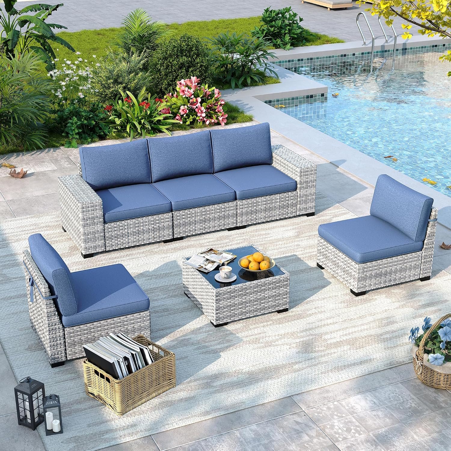 6 Piece Outdoor Sectional Sofa Set, 5-Seats Patio Wicker Conversation Set with 4″ Thickened Cushions & Coffee Table, All-Weather PE Rattan for Garden, Backyard, Porch, Blue