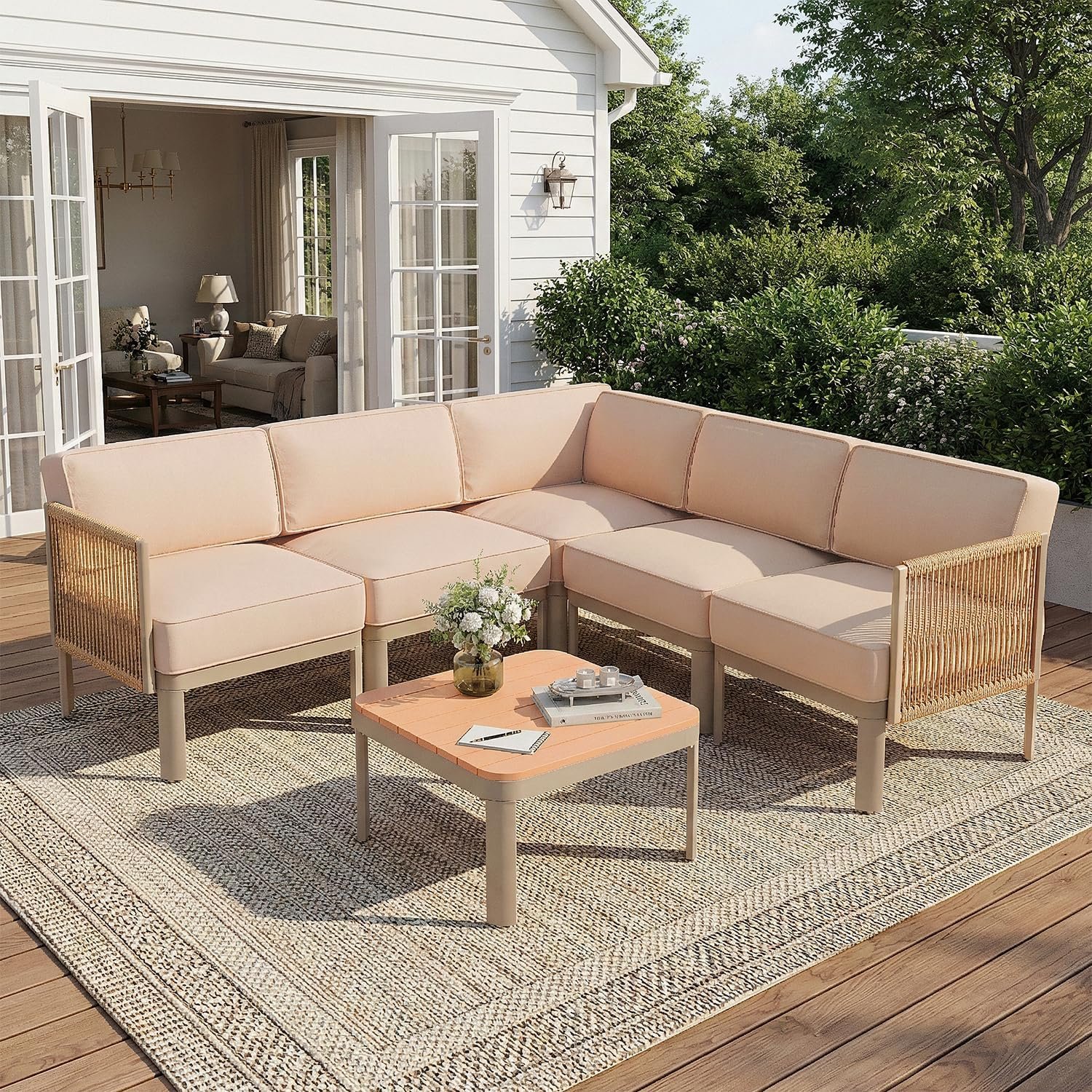 EROMMY 6 Pieces Patio Sectional Furniture Set, Metal Frame Outdoor Conversation Set with 6″ Thick Cushions & Coffee Table, All-Weather Sectional Sofa for Poolside, Deck, Backyard, Beige