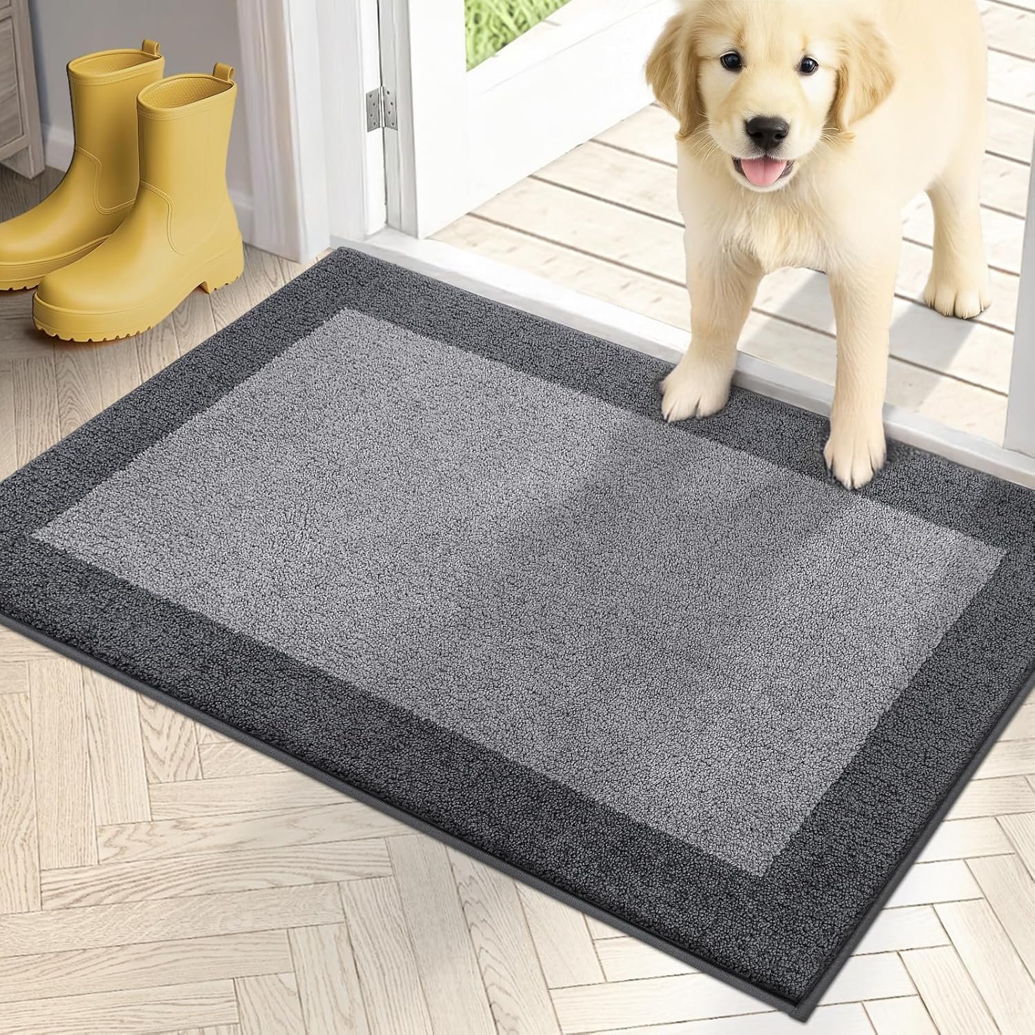 PURRUGS Dirt Trapping Indoor Door Mat, 20″ x 32″, Light Grey & Grey | Machine Washable, Non-Slip, Waterproof TPR Backing, Super Absorbent, Low Profile, Entryway Rug for Muddy Paws and Shoes