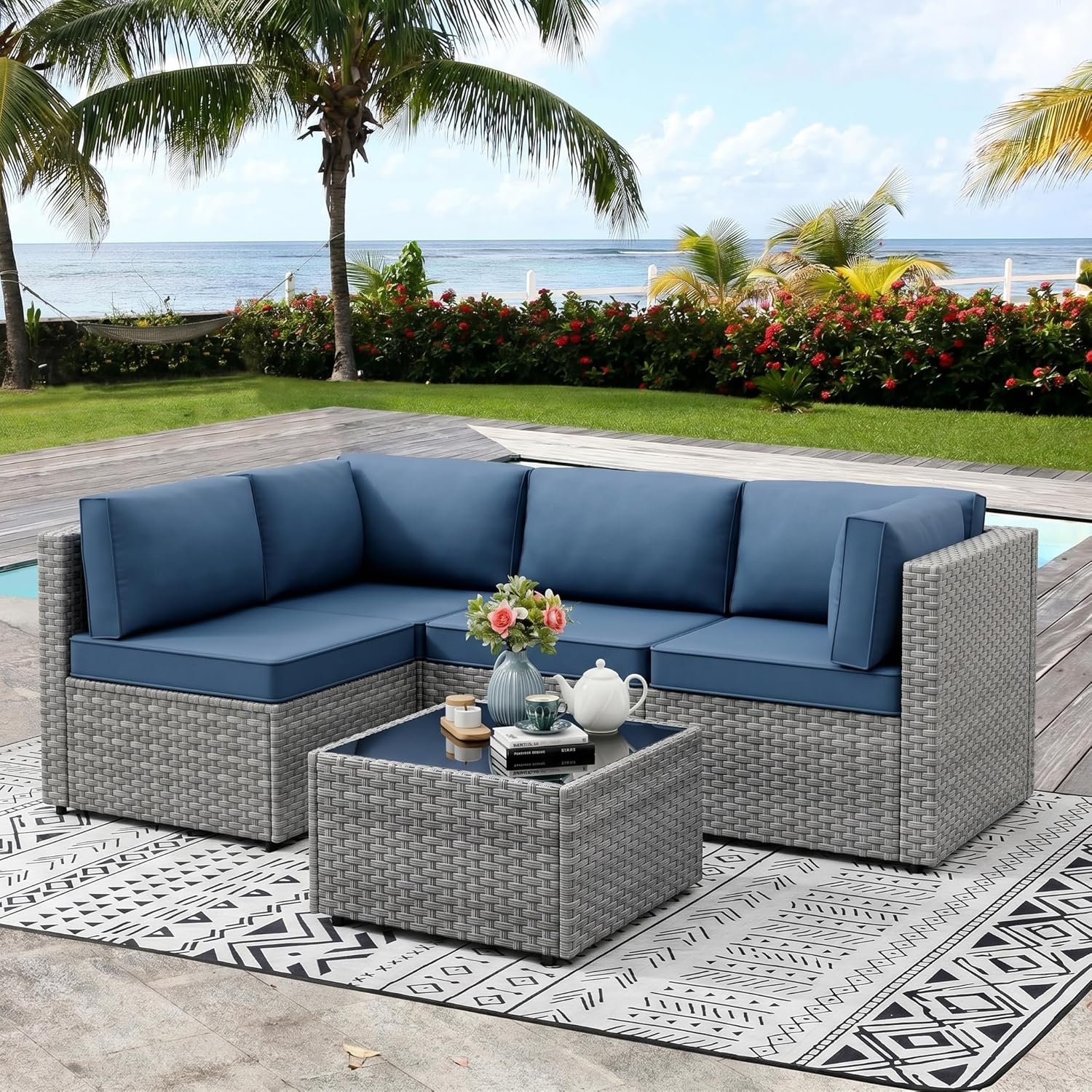 Vongrasig 5 Pieces Outdoor Sectional Furniture, All-Weather Rattan Patio Furniture Set, Wicker Patio Sectional Couch with Cushion, Glass Table, Navy Blue