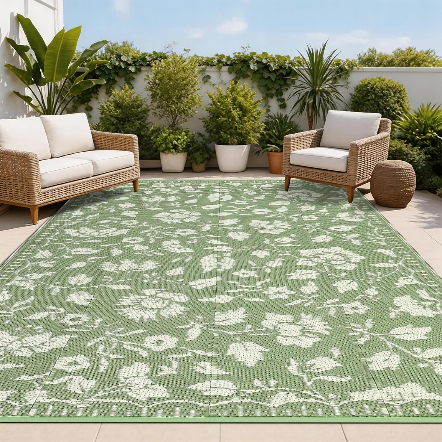 Garvee Floral Outdoor Rug 9×12 Patio Waterproof, Vintage Outdoor Plastic Straw Rug Camping Rugs for Outside Your RV, Foldable Reversible Mats with Portable Bag for Backyard, Porch, Camper, Green