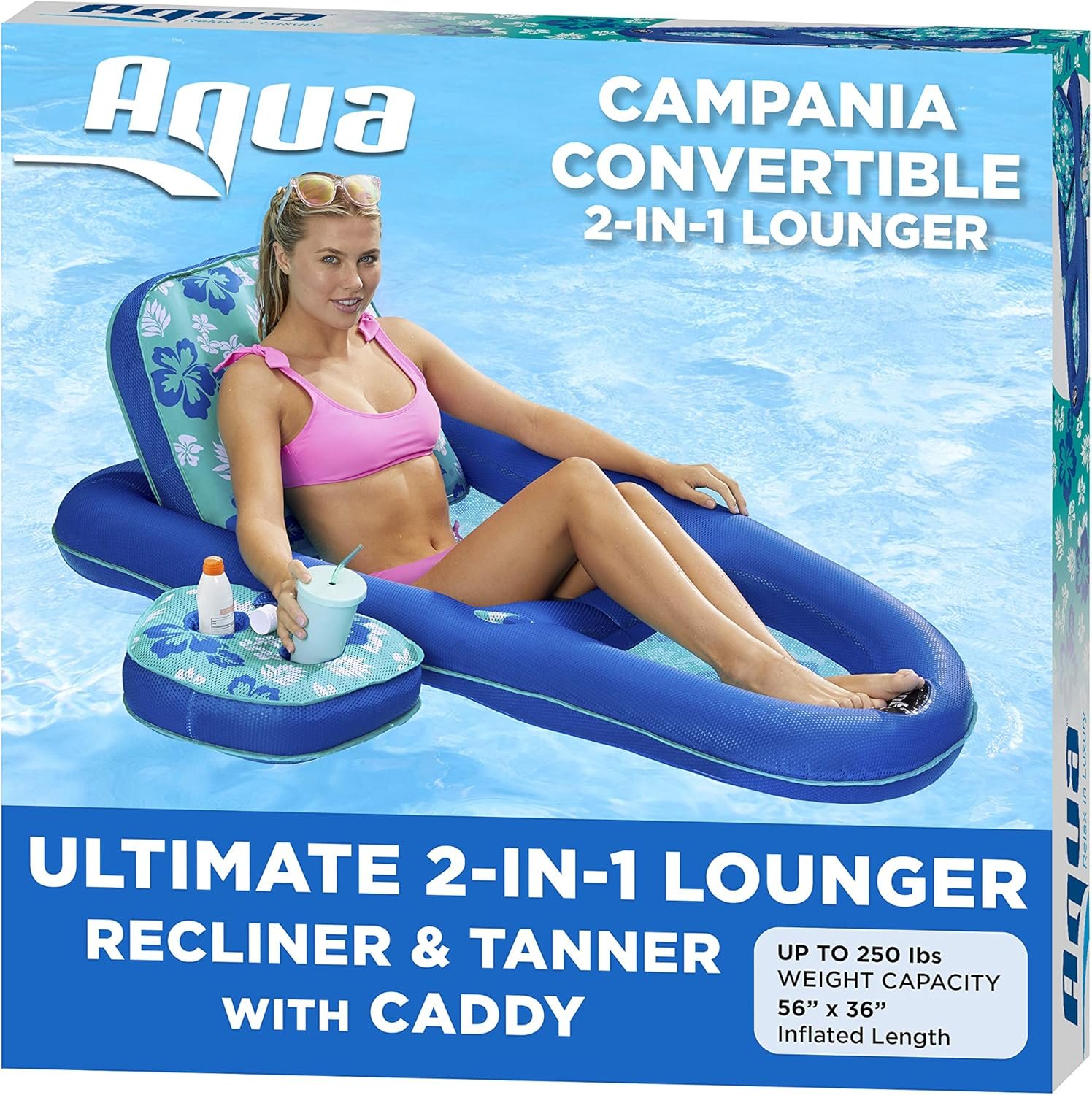 Aqua Campania Ultimate 2-in-1 Pool Float Lounge – Extra Large – Inflatable Pool Floats for Adults with Adjustable Backrest & Cupholder Caddy