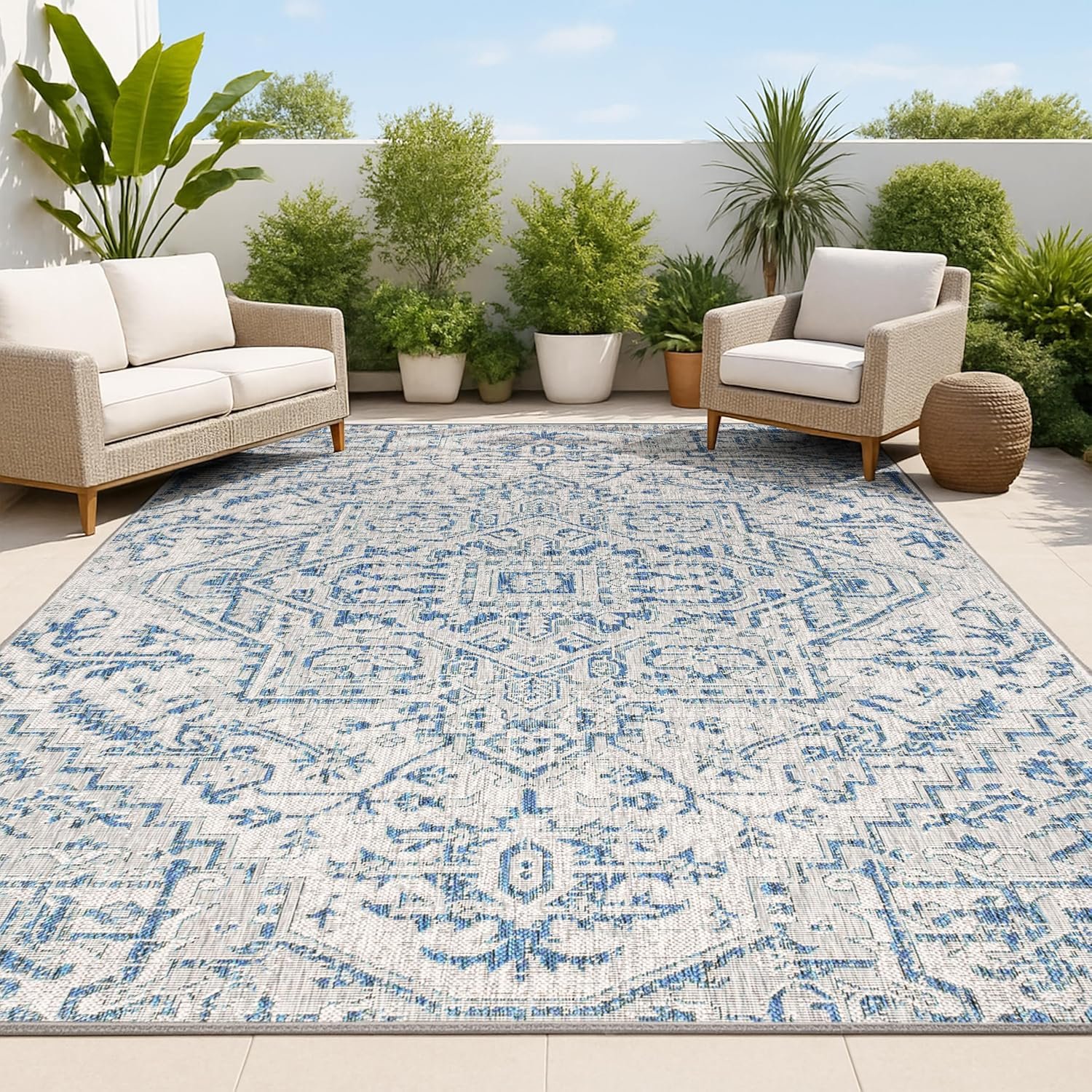 JONATHAN Y Boho Medallion Indoor Outdoor Area Rug 4X6 Navy/Gray, Estrella Textured Weave for Backyard, Patio, Porch, Easy-Cleaning, High Traffic, Pet-Friendly, Non-Shedding (SMB105B-4)