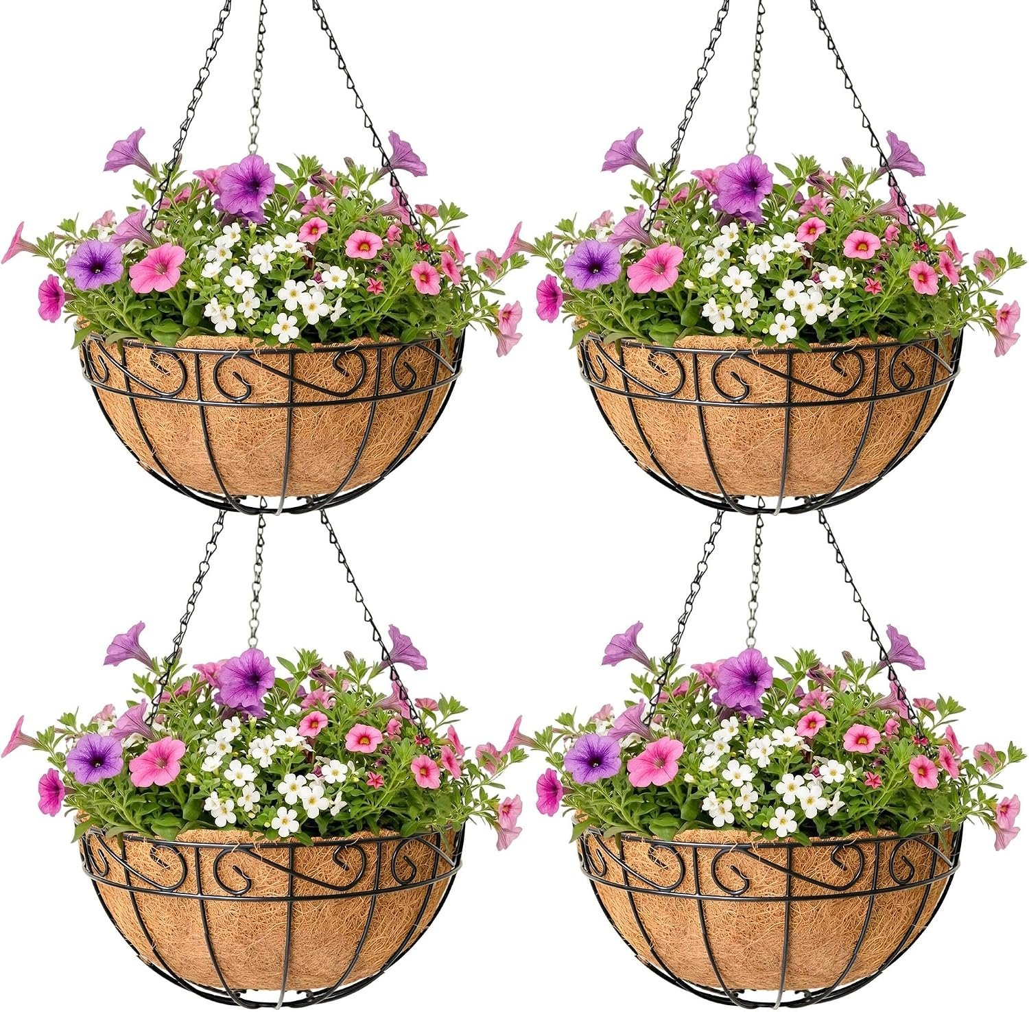 4 Pack Hanging Planter for Outdoor Plants 14 inch Metal Hanging Flower Basket with Coco Coir Liner Round Wire Plant Holder Chain Flower Pots Outdoor Garden Decoration Watering Hanging Baskets（HB）