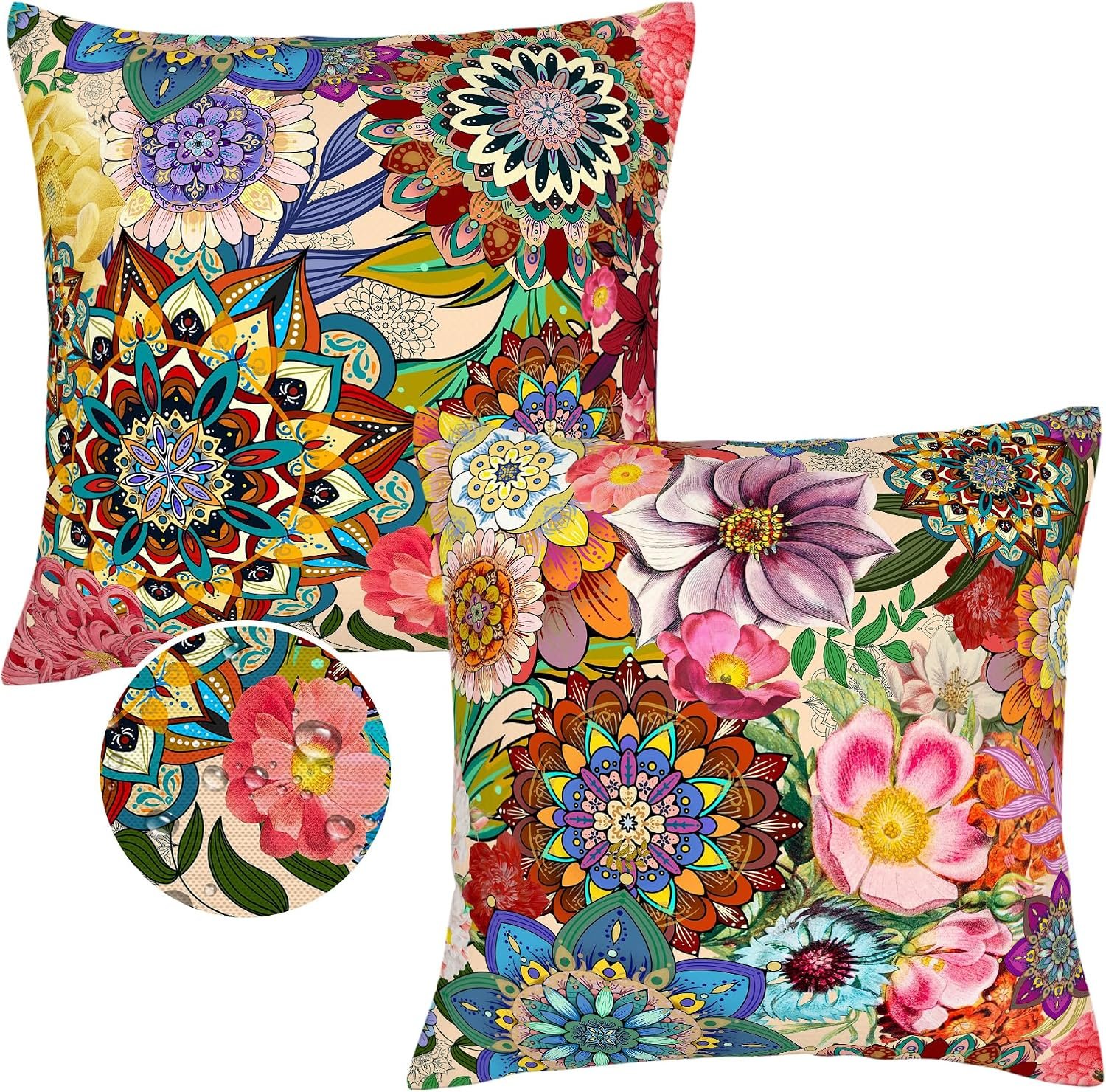 Outdoor Pillow Covers 18×18 Boho Floral Waterproof Throw Pillow Covers Colorful Decorative Outdoor Cushion Cases for Patio Funiture Garden Bench Balcony Sofa Couch Set of 2