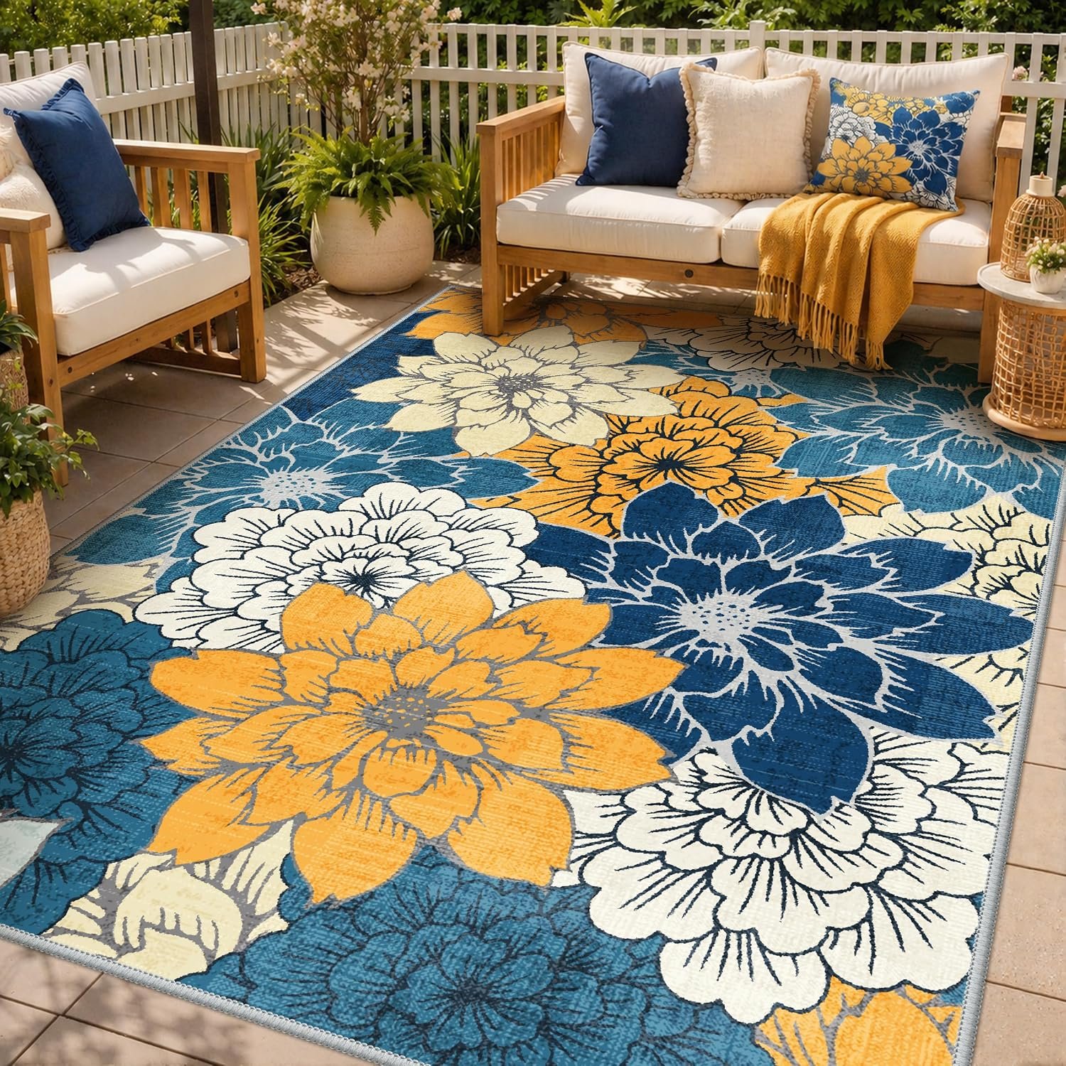 GENIMO Indoor Outdoor Area Rug 5’x8′, Machine Washable Rugs for Patio, Waterproof, Non-Slip Easy Cleaning Floral Outdoor Mat Carpet for Living Room, Bedroom, RV, Balcony, Deck, Camping, Navy Blue