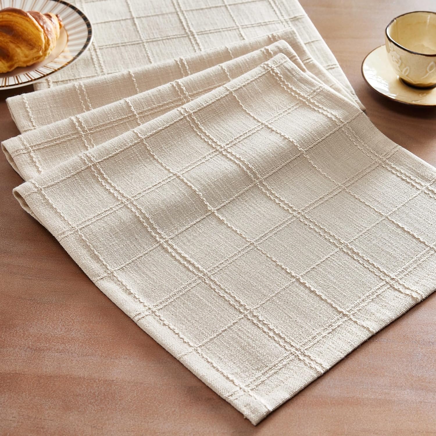 ZeeMart Linen Checked Farmhouse Table Runner, 13×72 Inches Neutral Beige | Raised Grid Design, Rich Woven Texture, Linen Blend Table Runners 72 Inches Long, Machine Washable, Boho Home Kitchen Decor