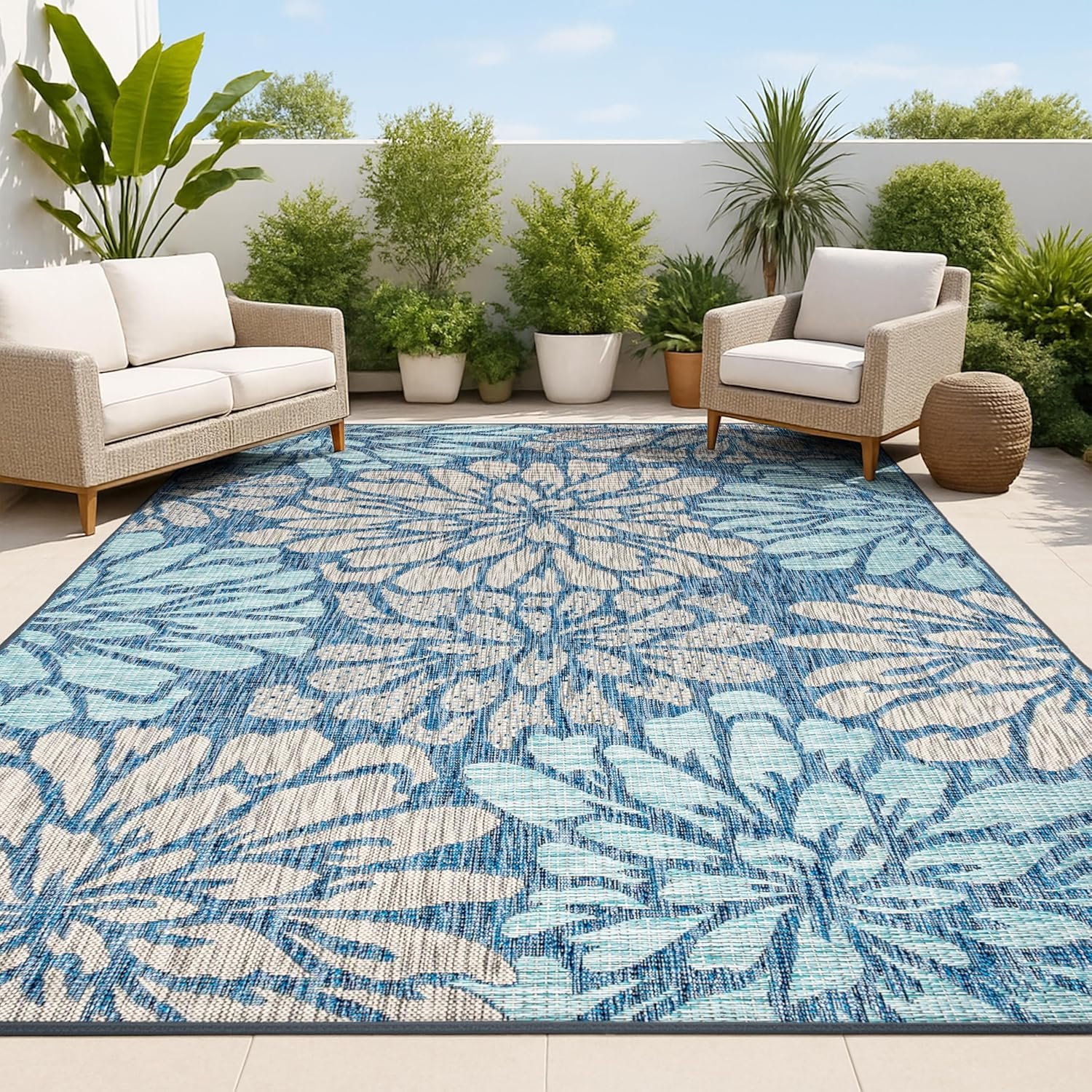 JONATHAN Y Floral Textured Weave Indoor Outdoor Area Rug 8X10 Navy/Aqua, Zinnia Modern for Backyard, Patio, Porch, Easy-Cleaning, High Traffic, Pet-Friendly, Non-Shedding (SMB110C-8)