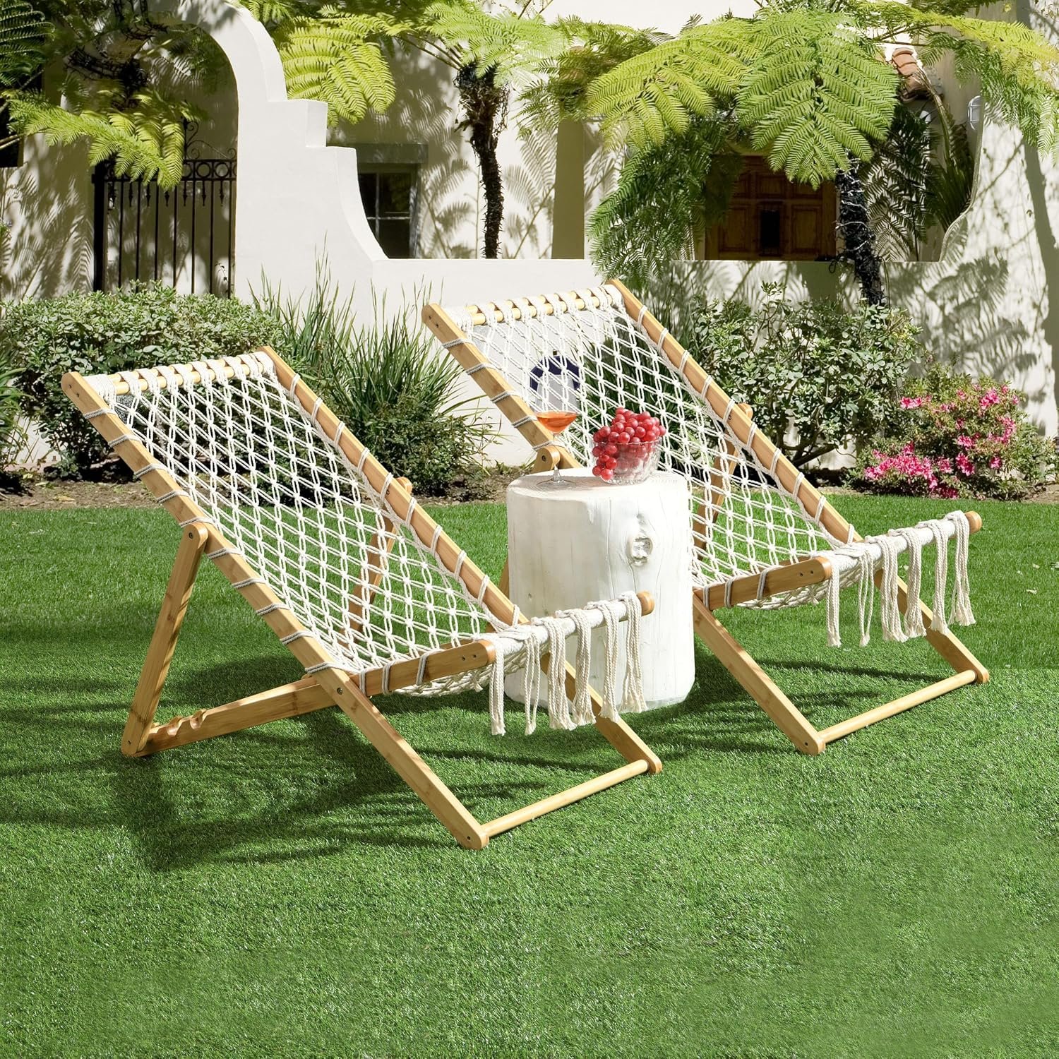 Set of 2 Rope Folding Lounge Chair, 3 Adjustable Positions, Portable Folding Beach Lounge Chairs Beach Sling Chair Set Made of Bamboo Frame and Handwoven Polyester Seat for Garden, Porch, Backyard