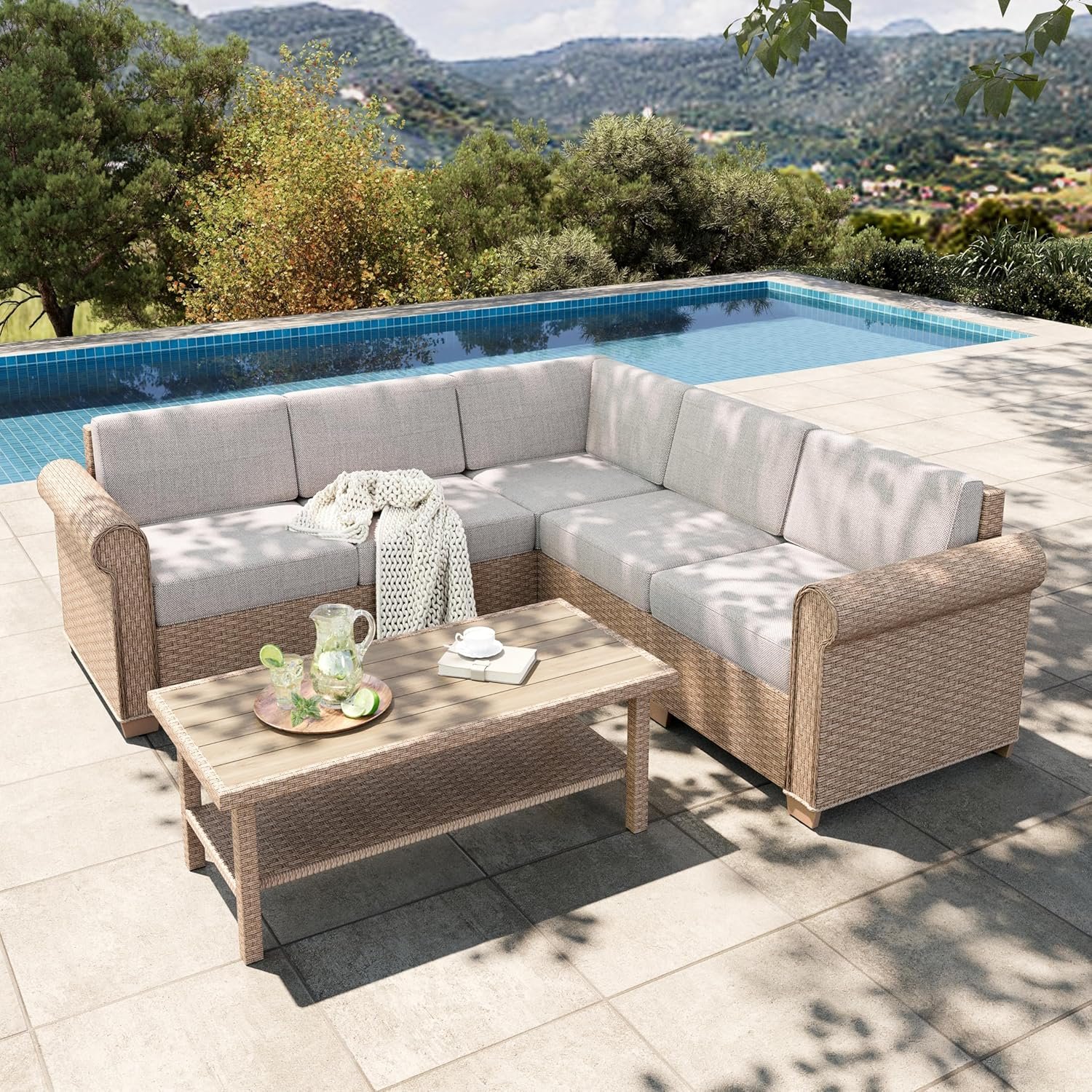 HERA’S HOUSE 6 Piece Patio Furniture Set, Outdoor Sectional Wicker Sofa with 44″ Coffee Table, 5.5″ Thick Waterproof Cushion All Weather 5 Seats Modular Conversation Set for Garden Deck Backyard
