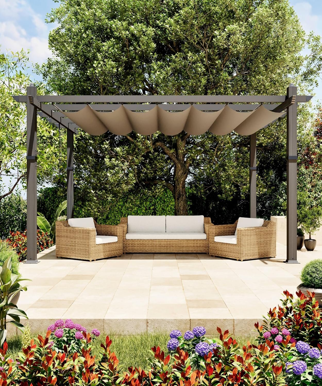 GarveeLife 10×13 ft Aluminum Pergola, Outdoor Metal Pergola with Adjustable Canopy, Reinforced Frame Outdoor Shelter for Backyard, Garden and Deck – Khaki