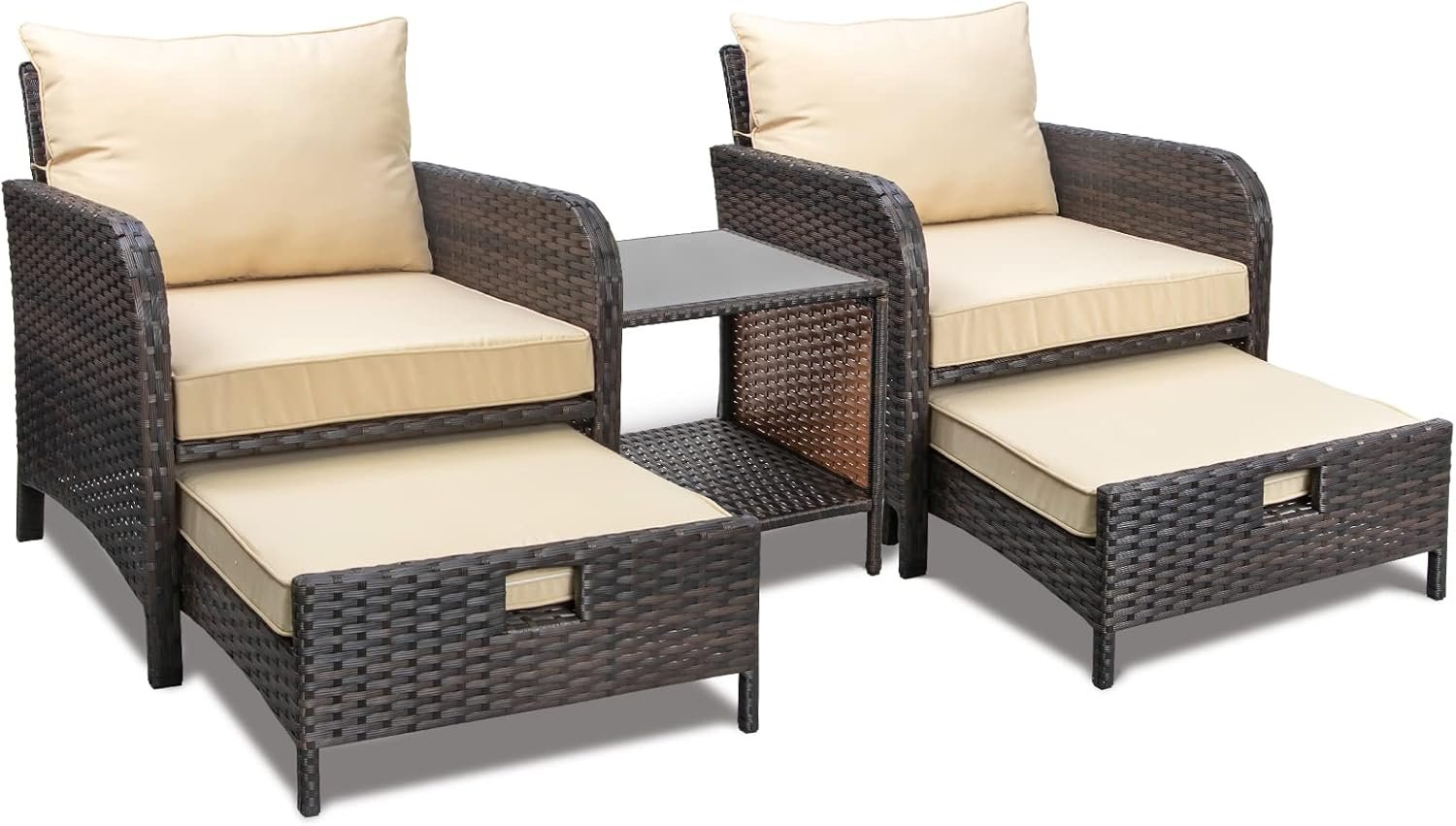 Balcony Furniture 5 Piece Patio Conversation Set, PE Wicker Rattan Outdoor Lounge Chairs with Soft Cushions 2 Ottoman&Glass Table for Porch, Lawn-Brown Wicker