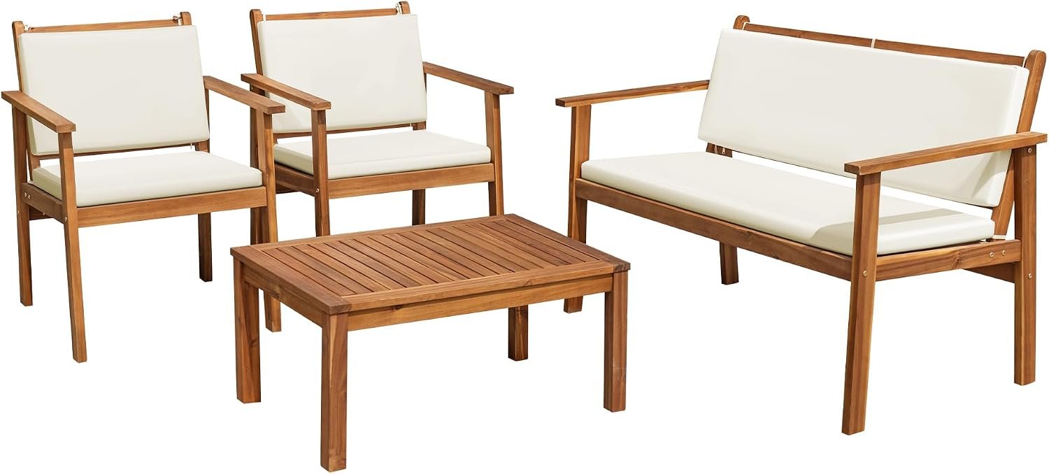 Flamaker Outdoor Patio Furniture Set 4-Piece Acacia Wood Patio Set, Natural