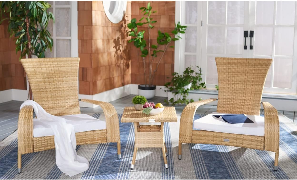 SAFAVIEH Outdoor – Edna 3-Piece Lounge Set – Natural & White – Steel Frame & Faux Rattan with Cushion – Wingback Tropical French Design – Ideal for Patio, Deck, Porch, Backyard (PAT7719D)