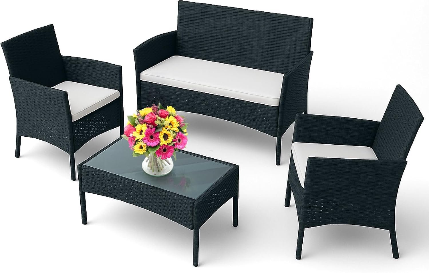 EconoHome 4-Piece Outdoor Patio Furniture Set – Patio Set with 2 Rattan Chairs, 1 Loveseat & 1 Glass -Top Coffee Table – Weather-Proof Wicker with Cushions – Conversation Set for Porch, Balcony, Lawn