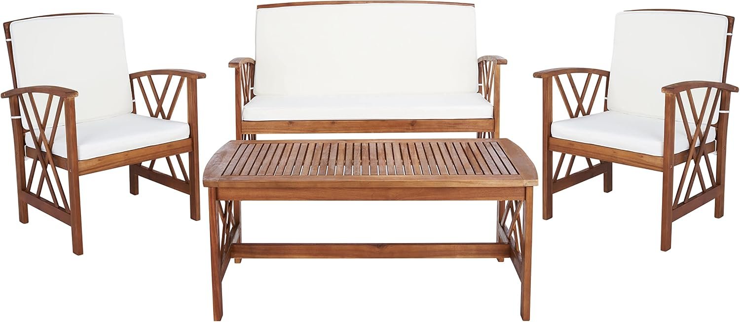 SAFAVIEH Outdoor Collection Fontana Natural/ Beige 4-Piece Conversation Patio Set with Cushions