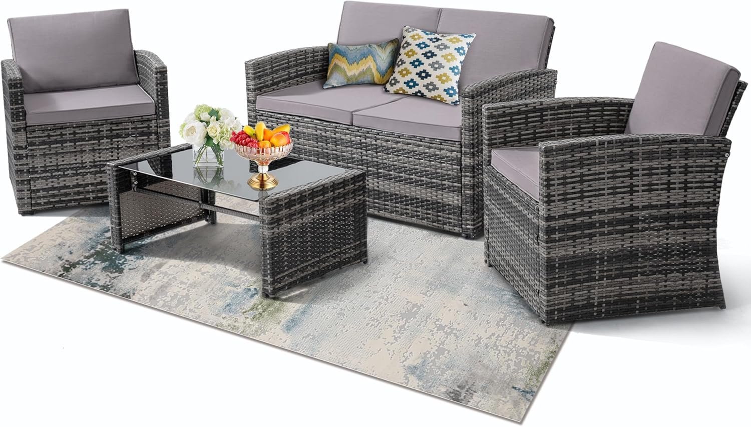 KROFEM 4 Piece Patio Furniture Set, Outdoor Wicker Conversation Set