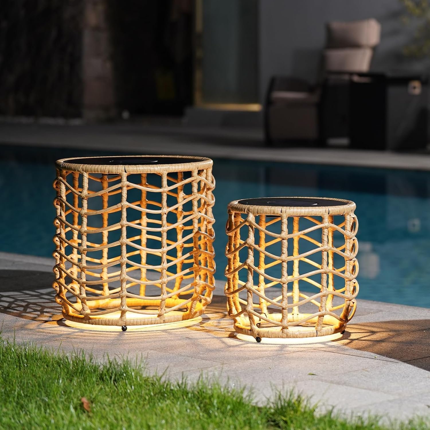 Solar Yard Boho Solar Nesting Tables with Built-in Lights – Set of 2, Weather-Resistant Wicker for Patio, Porch, Garden, Perfect Side Table for Outdoor Living, Natural & Stylish Design