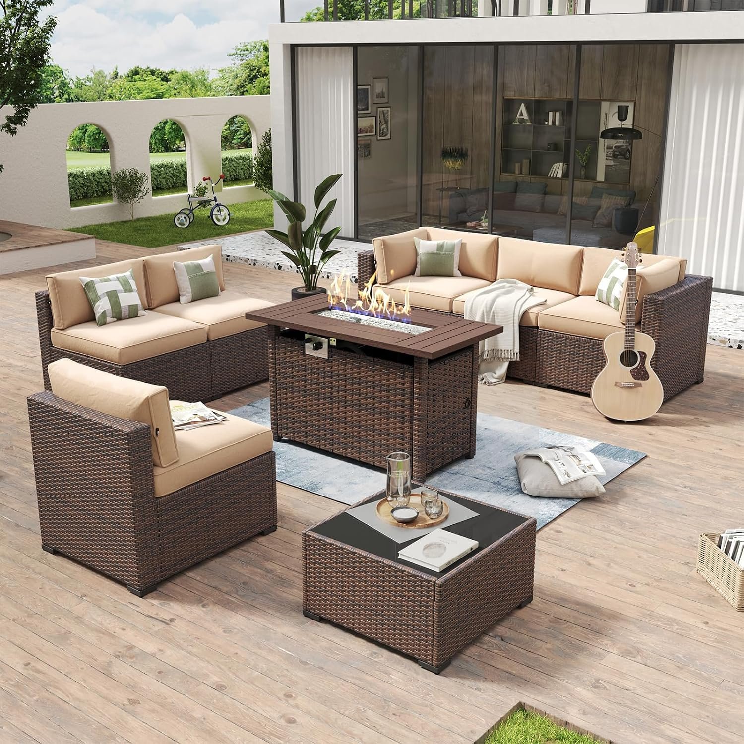 Aoxun 8 Piece Patio Furniture Set with 44″ Fire Pit Table Wicker Rattan