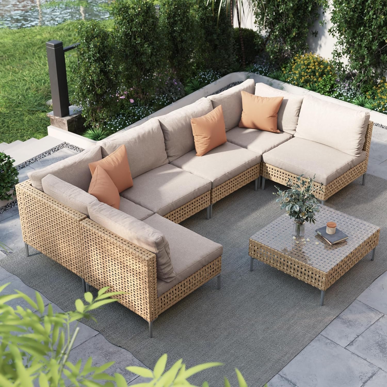 Grand patio 7-Piece Wicker Patio Furniture Set, Boho Outdoor Conversation Set Sectional Sofa with Water Resistant Thick Cushions and Coffee Table, Cream