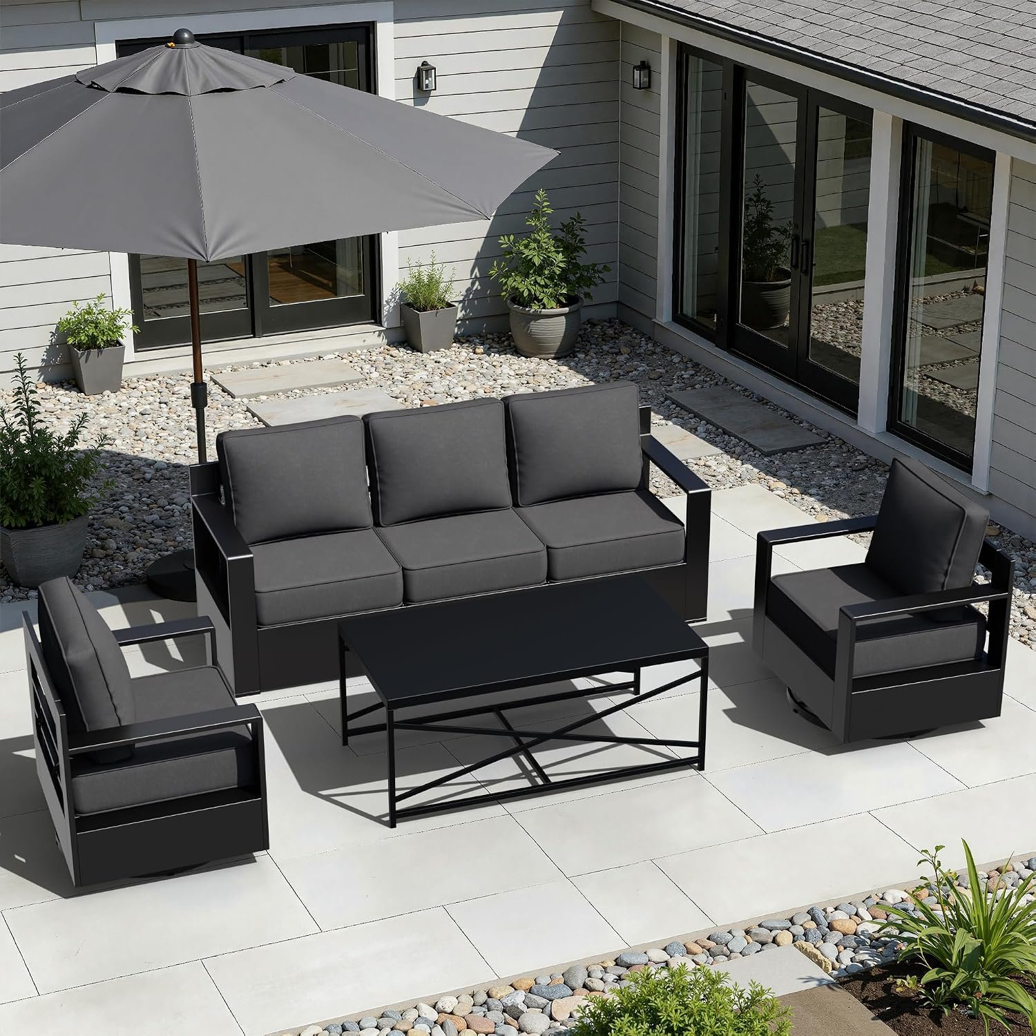 Outdoor Aluminum Furniture Set, 4-Piece Patio Conversation Set, 2 Swivel Chairs, 1 Sofa and 1 Table, All-Weather Metal Frame, 6″ Thick Removable Cushions, Deep Setting for Garden, Poolside and Porch