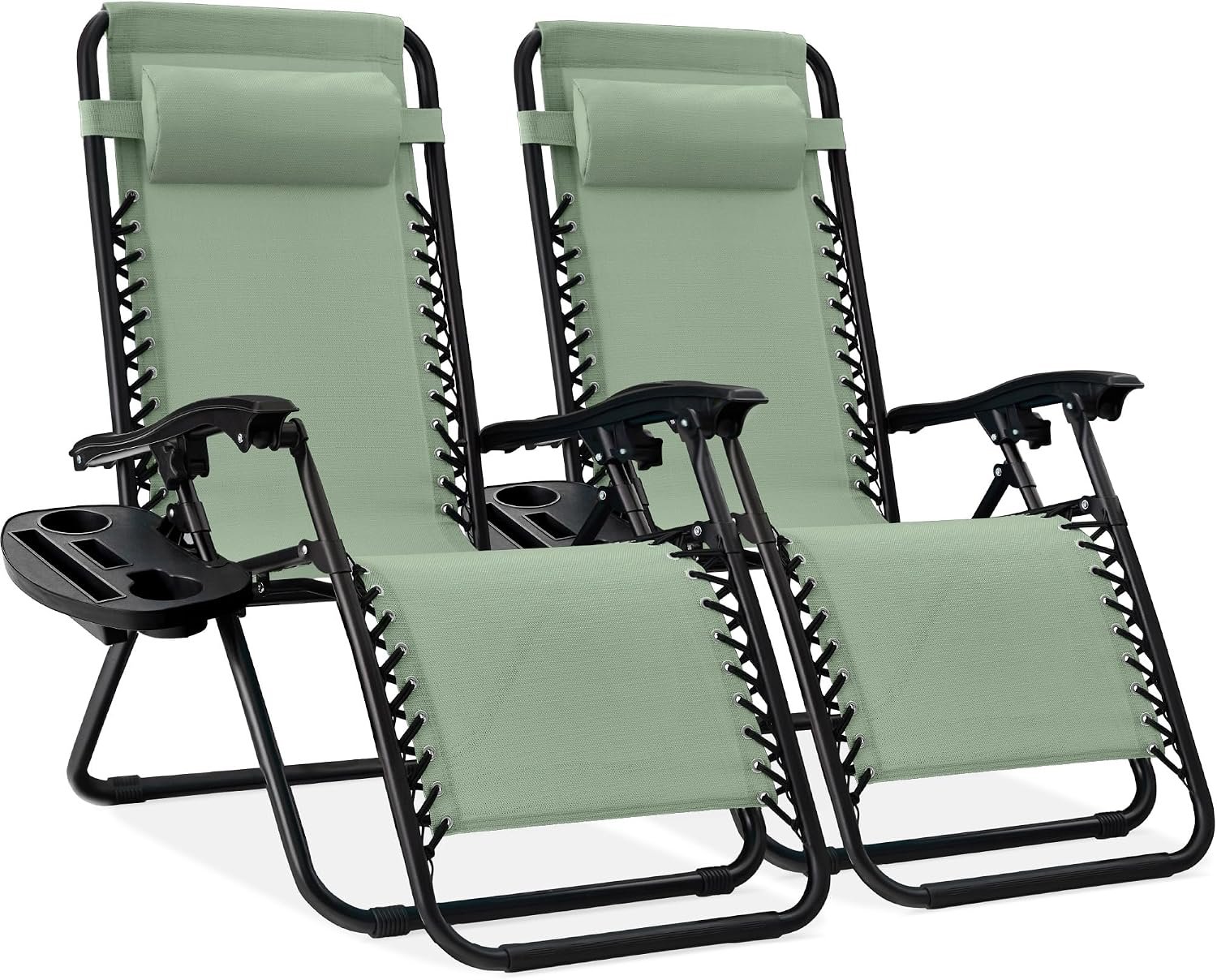 Best Choice Products Set of 2 Adjustable Steel Mesh Zero Gravity Lounge Chair Recliners w/Pillows and Cup Holder Trays – Sage Green