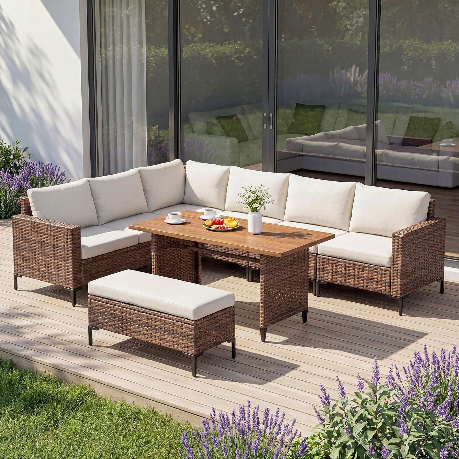 8 Pieces Outdoor Patio Furniture Set, PE Wicker Sectional Conversation Sofa with Adjustable Backrests, Storage Ottoman & Wood Table with Umbrella Hole, Beige