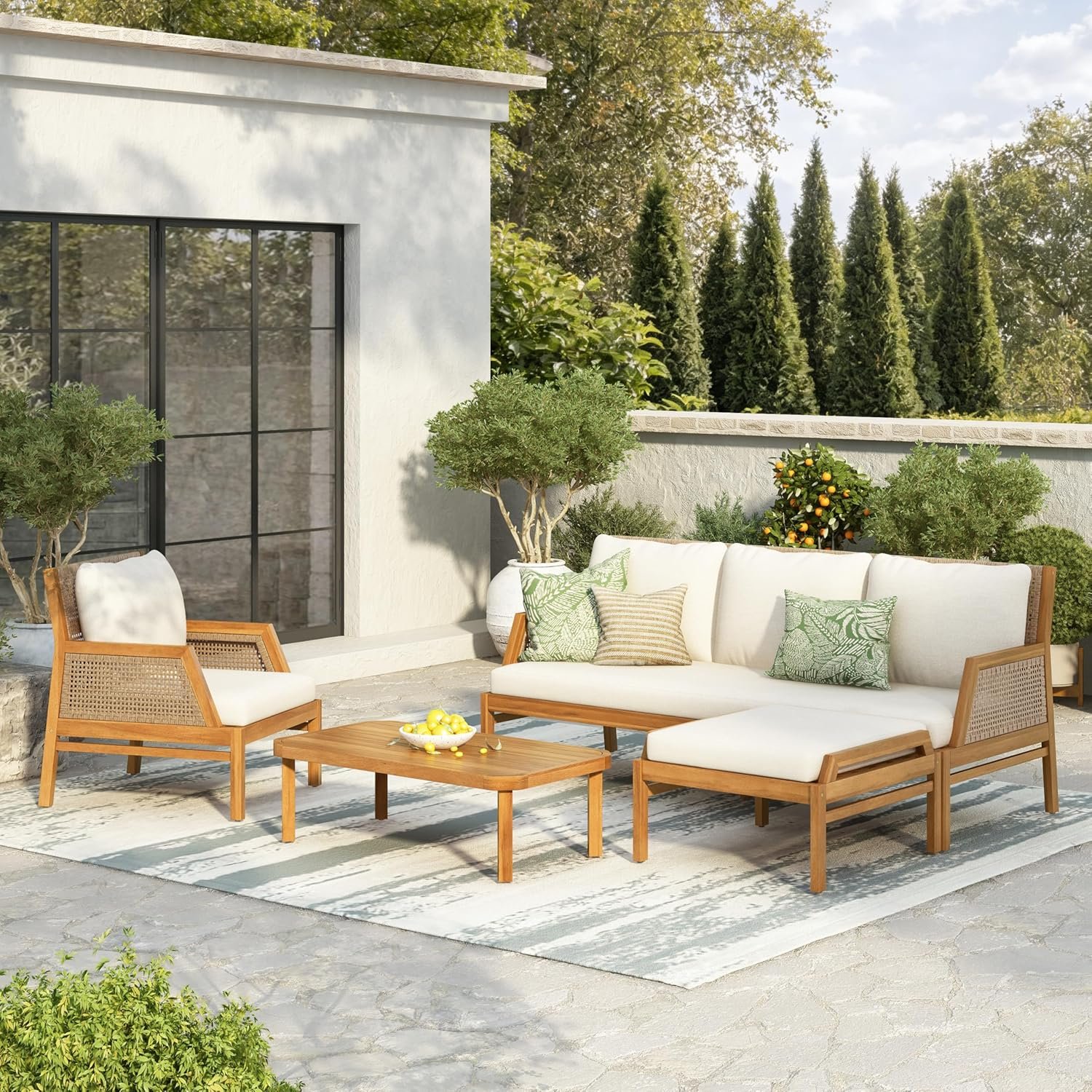 Christopher Knight Home Zura 4 Piece Patio Furniture Set with Removable Cushion, Outdoor Acacia Wood Conversation Set with Ottoman, Outdoor Sectional Sofa Set with Coffee Table, Teak+Cream