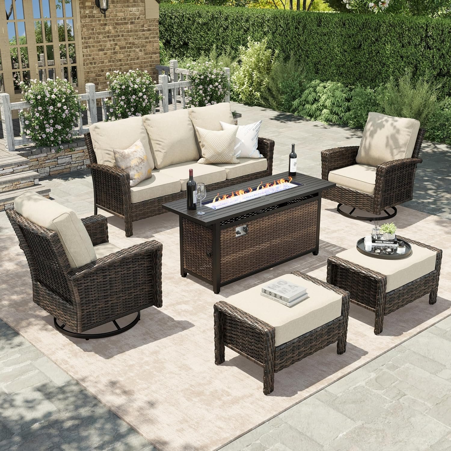 HERA’S HOUSE 6-Piece Patio Furniture Set with Fire Pit, Beige