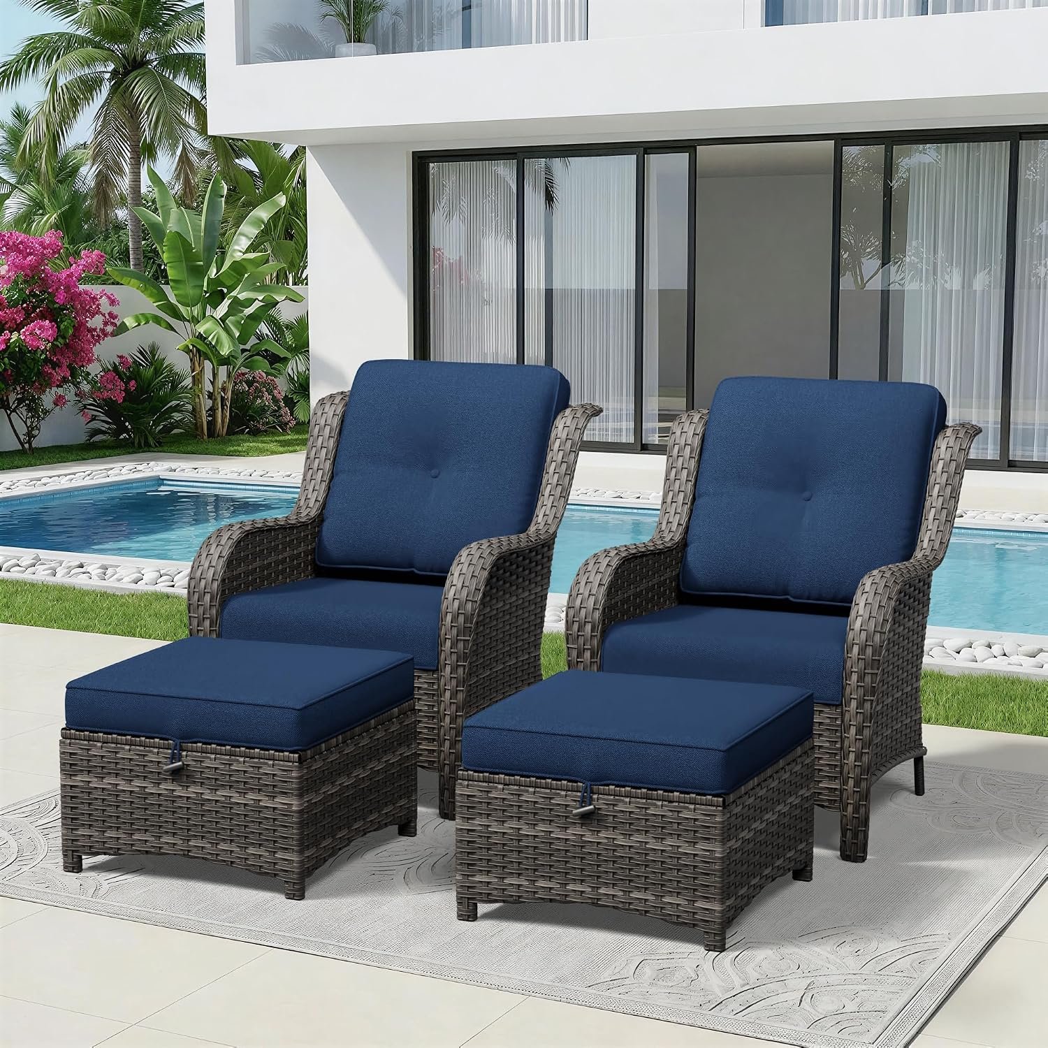 4 Piece Outdoor Wicker Patio Furniture Set, Patio Chairs Set with Thickened Olefin Cushions, High Back and Deep Seating, Hand-Woven PE Rattan, Ottoman for Porch, Deck, Blue