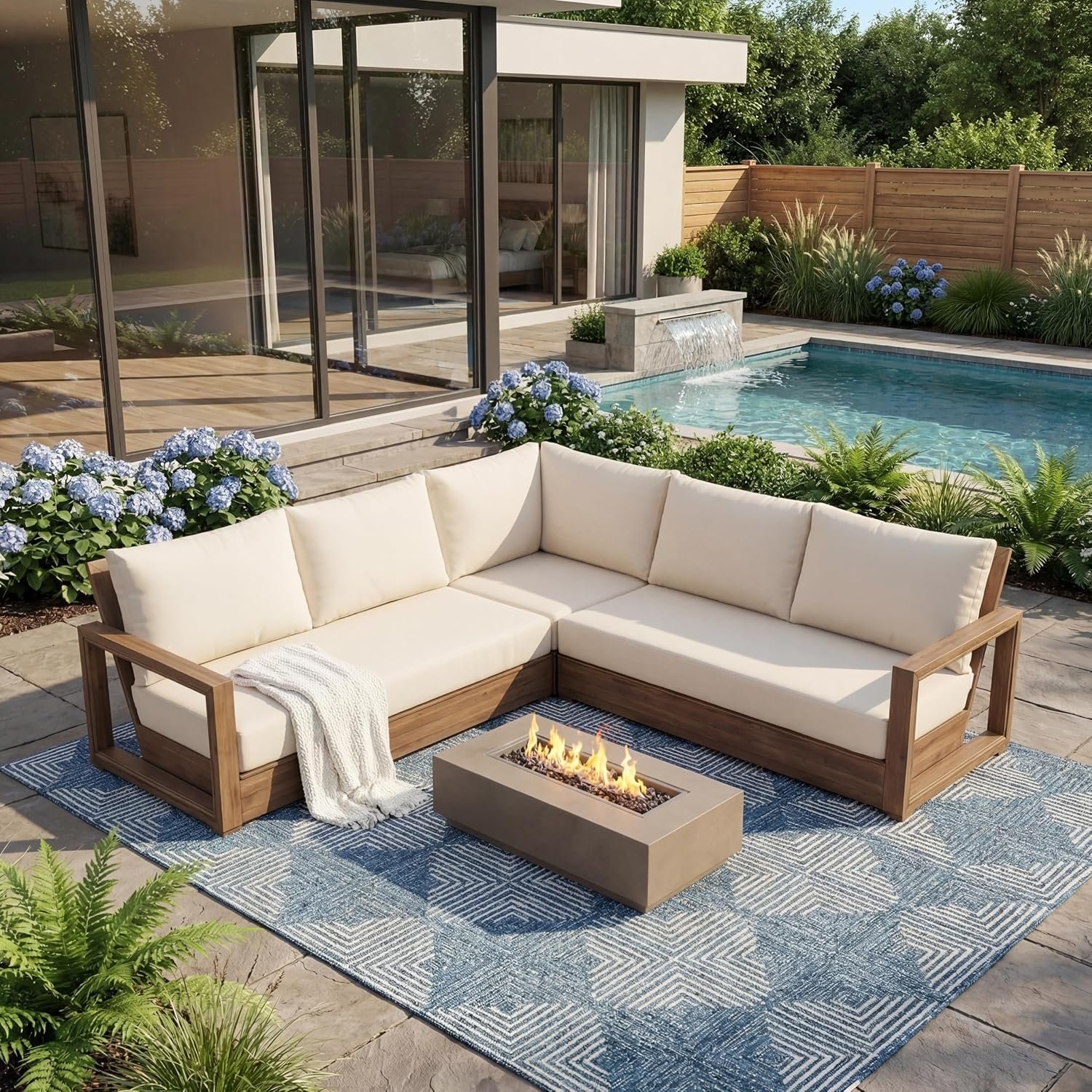 Christopher Knight Home Outdoor Sofa Set, Acacia Wood Modular Patio Furniture Set with Floor Seating Cushions Coffee Table Slatted Design Sectional Backyard Garden Conversation Set