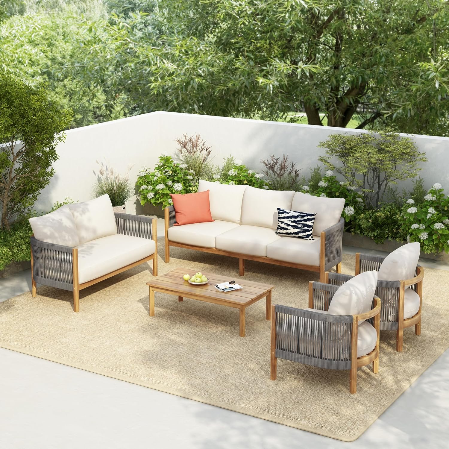 Christopher Knight Home Havets 5 Pieces Outdoor Acacia Furniture Set, Woven Rope Loveseat and Accent Club Chairs, 6″ Thick Cushions Sofa and Coffee Table Set for Backyard Garden Balcony, Gray+Beige