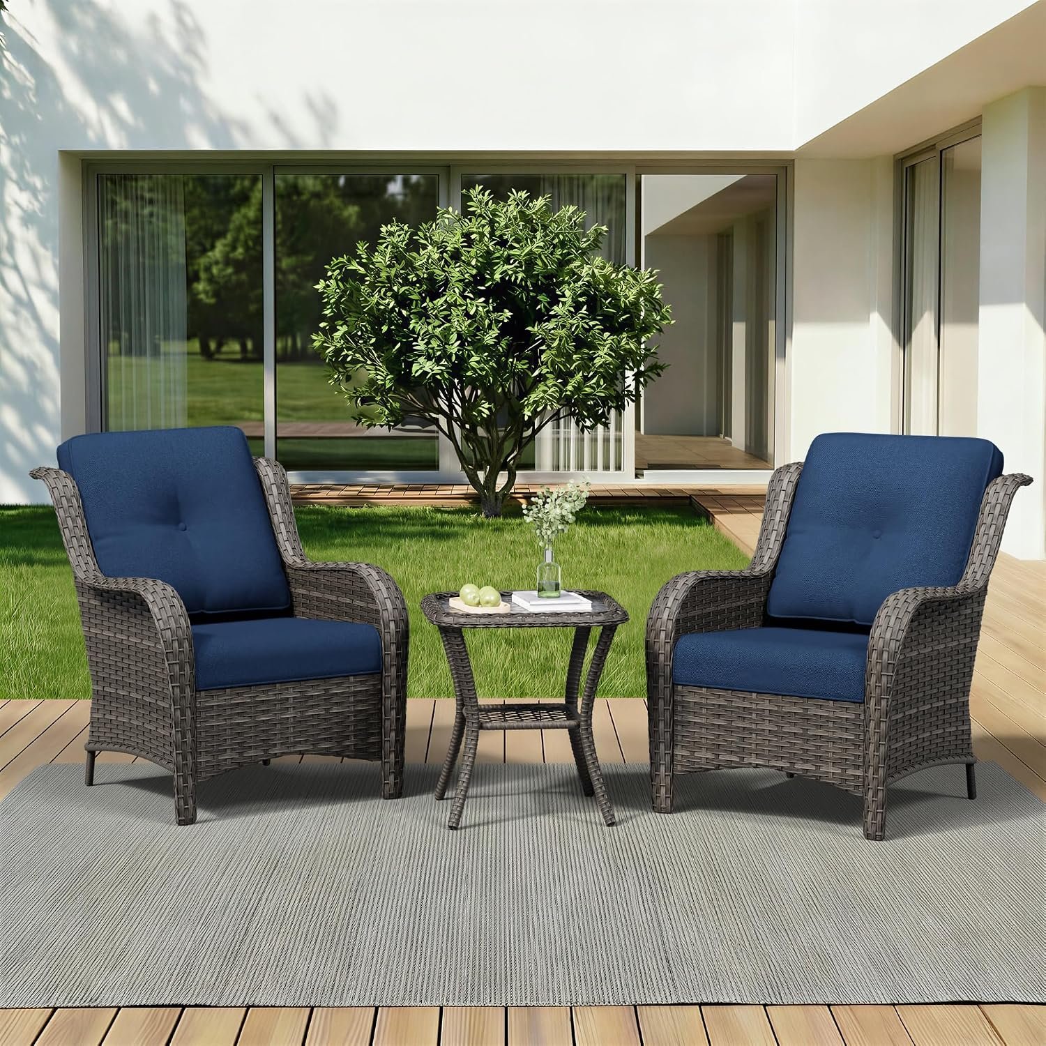 3 Pieces Outdoor Wicker Patio Furniture Set – Patio Chairs Set with Thickened Olefin Cushions, High Back and Deep Seating, Curved Armrest, PE Rattan for Porch, Deck, Balcony,Blue