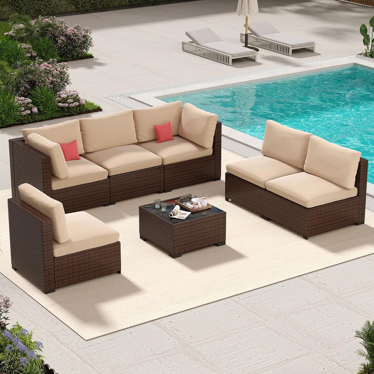7 Piece Outside Sectional Furniture Set, All Weather Wicker Patio Conversation Sets, Outdoor Sectional Balcony Furniture with Beige Cushion & Glass Coffee Table