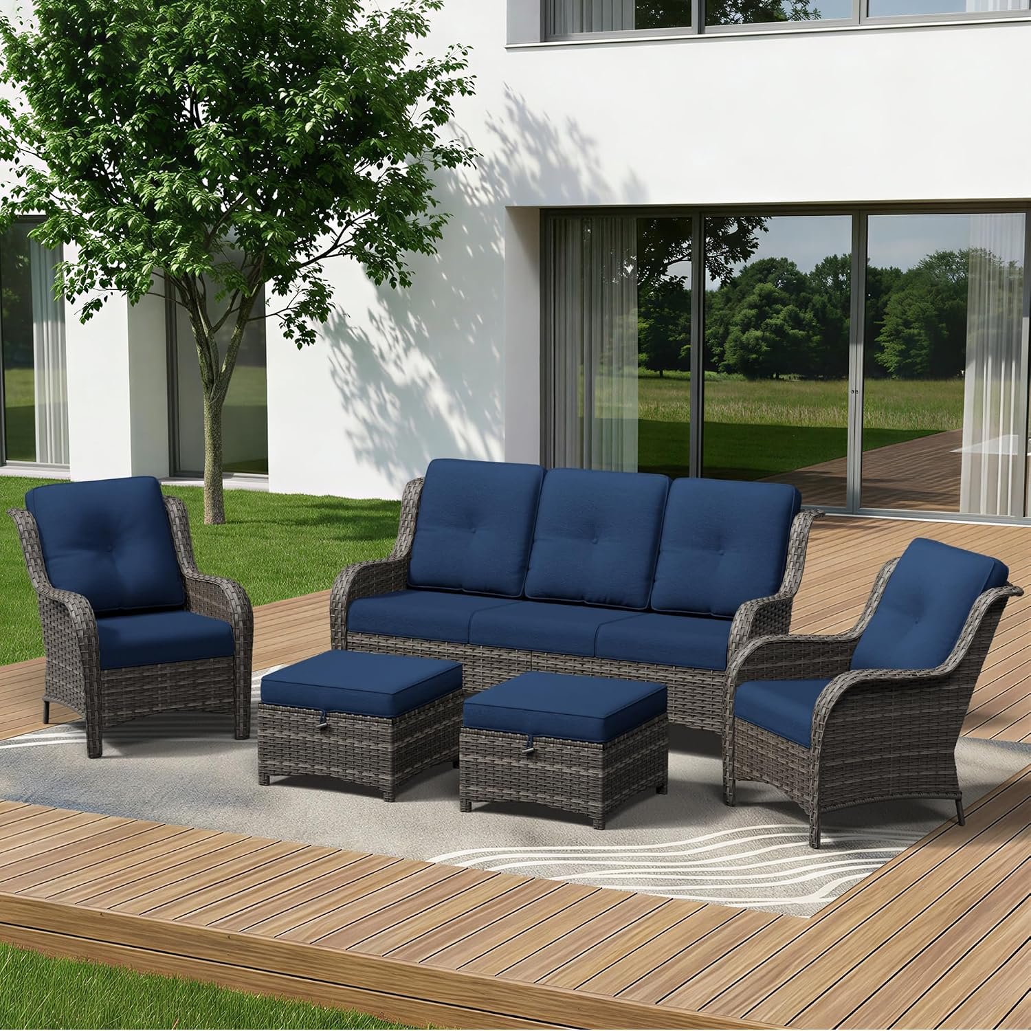 5 Piece Outdoor Wicker Patio Furniture Set, Patio Chairs Set with Thickened Olefin Cushions, High Back and Deep Seating, Hand-Woven PE Rattan, Ottoman for Porch, Deck