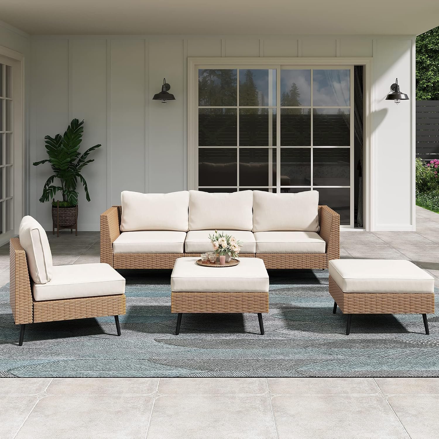 Outdoor Patio Furniture, 6 Piece Outdoor Sectional Sofa PE Rattan Wicker Patio Conversation Sets, All Weather Patio Furniture Set with Thick Cushions for Garden, Backyard(Beige)