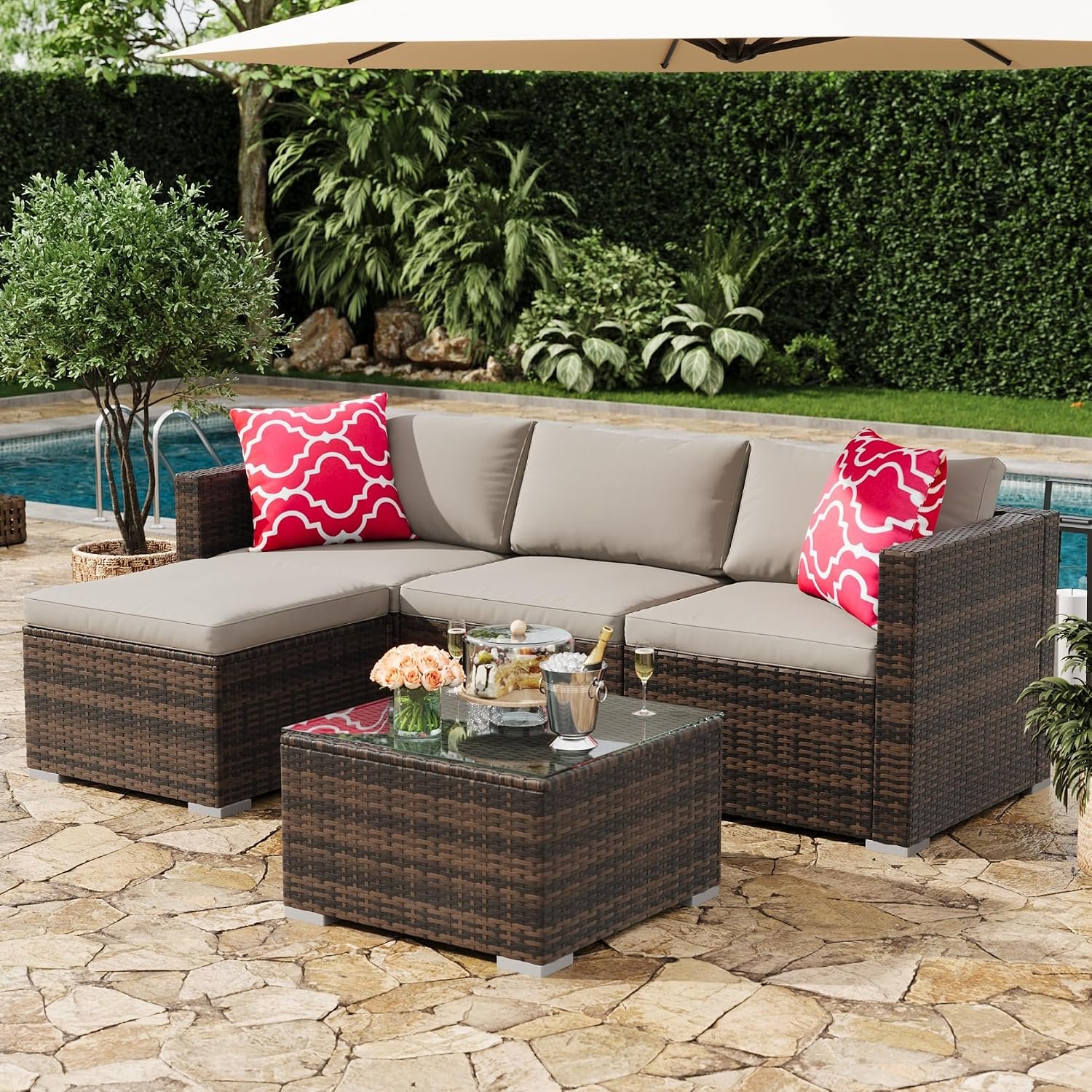5-Piece Outdoor Sectional Sofa Set, All-Weather PE Rattan Patio Furniture with Ottoman & Tempered Glass Table, Convertible Garden Couch for Backyard, Porch, Poolside (Brown/Light Gray)