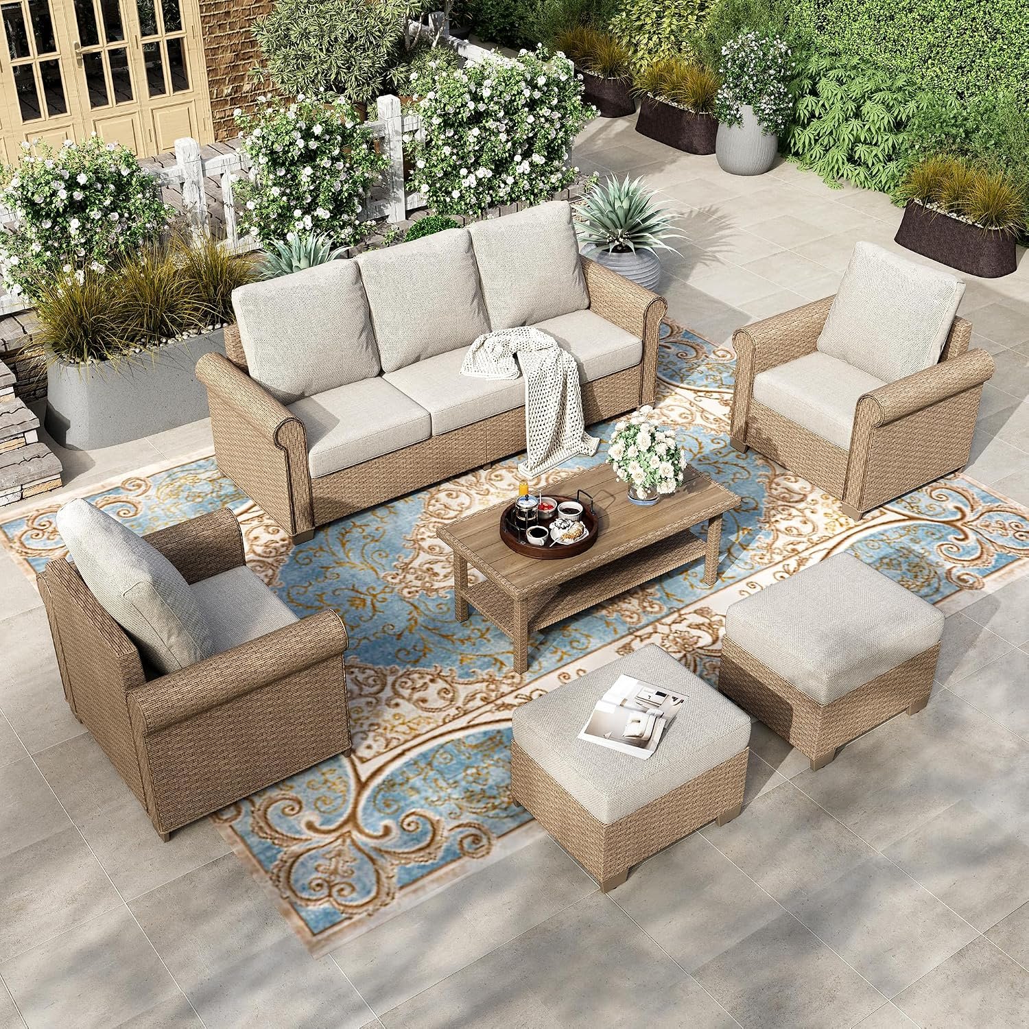 HERA’S HOUSE 6-Piece Wicker Patio Conversation Set, Beige, 7 Seats