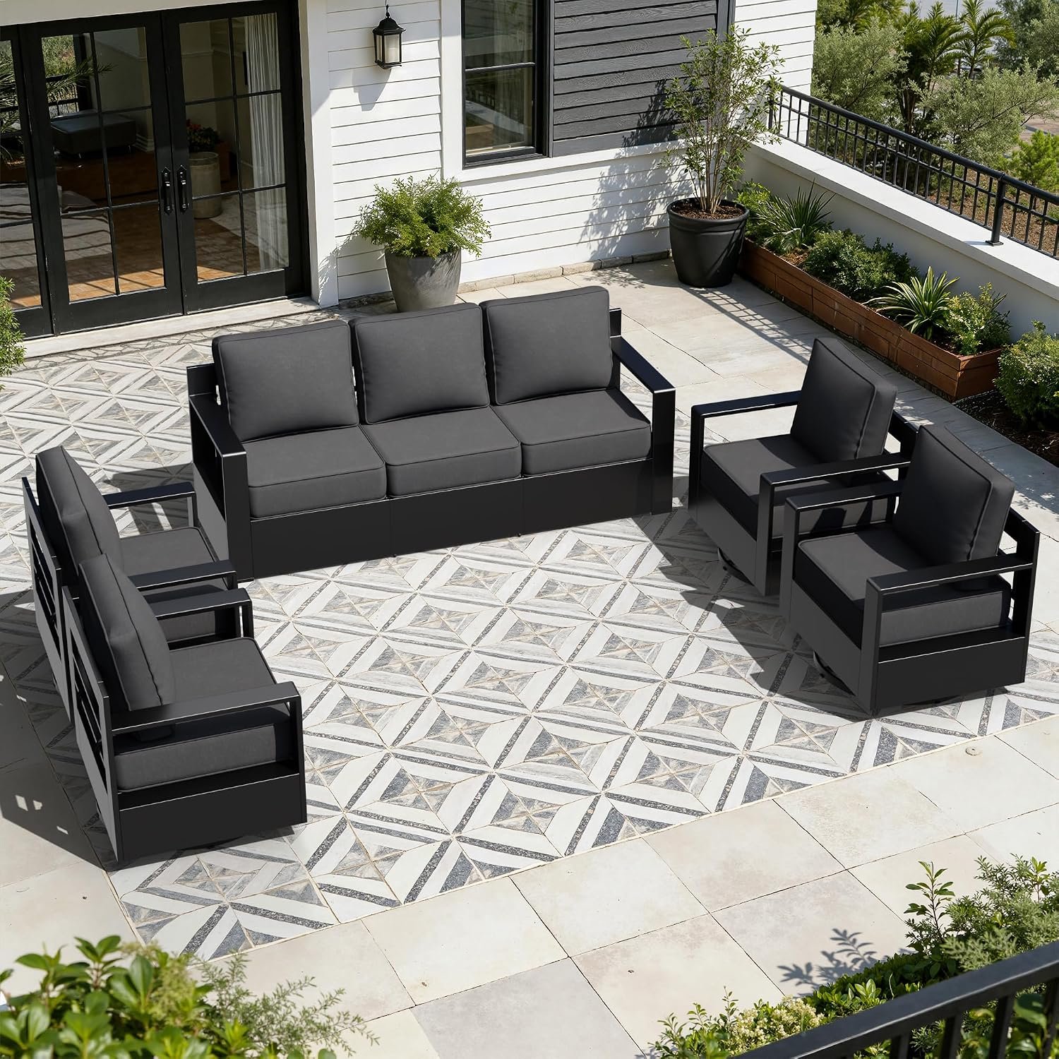 Outdoor Aluminum Furniture Set, 5-Piece Patio Conversation Set, 4 Swivel Chairs and 1 Sofa, All-Weather Metal Frame, 6″ Thick Removable Cushions, Deep Setting for Garden, Poolside and Porch