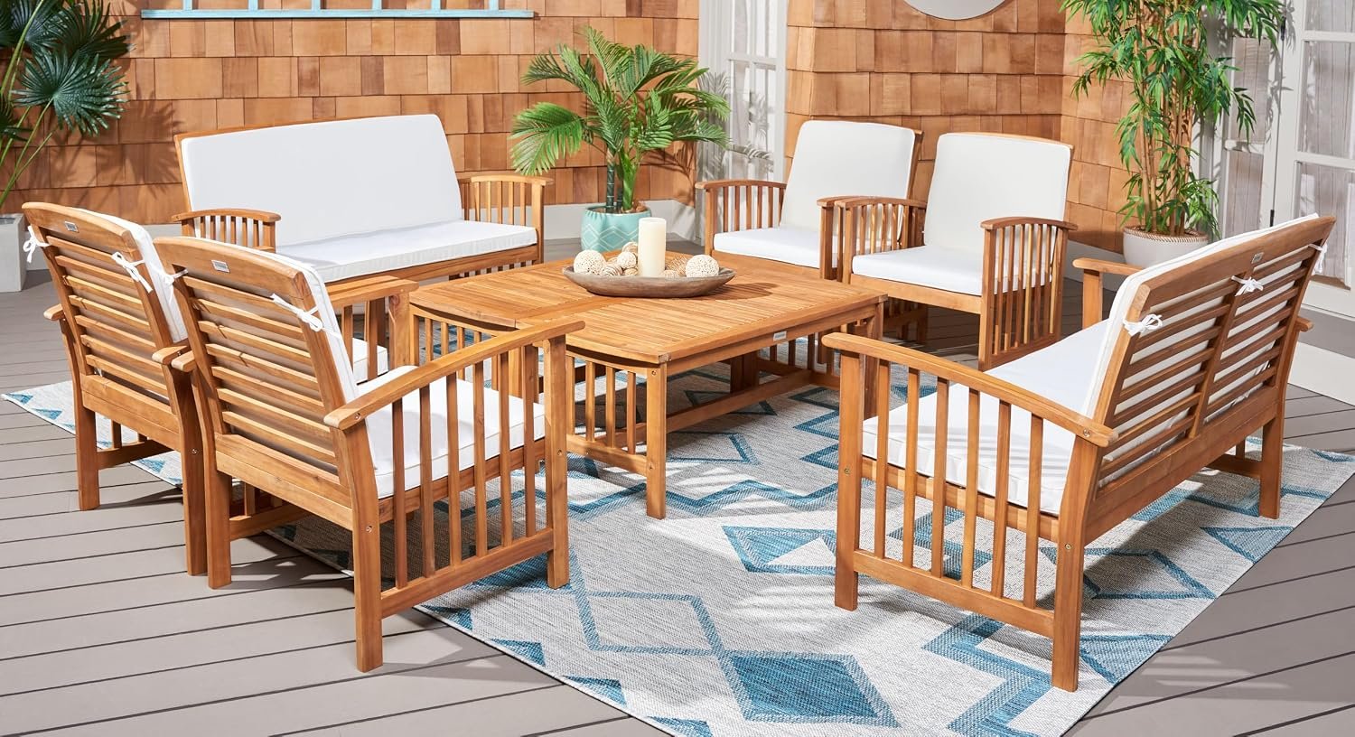 SAFAVIEH Outdoor – Rocklin 8 Piece Outdoor Living Set – Natural & Beige Acacia Wood – Transitional Design with Removable Cushions – Ideal for Patio, Deck, Porch, Backyard (PAT9507A-KIT2)