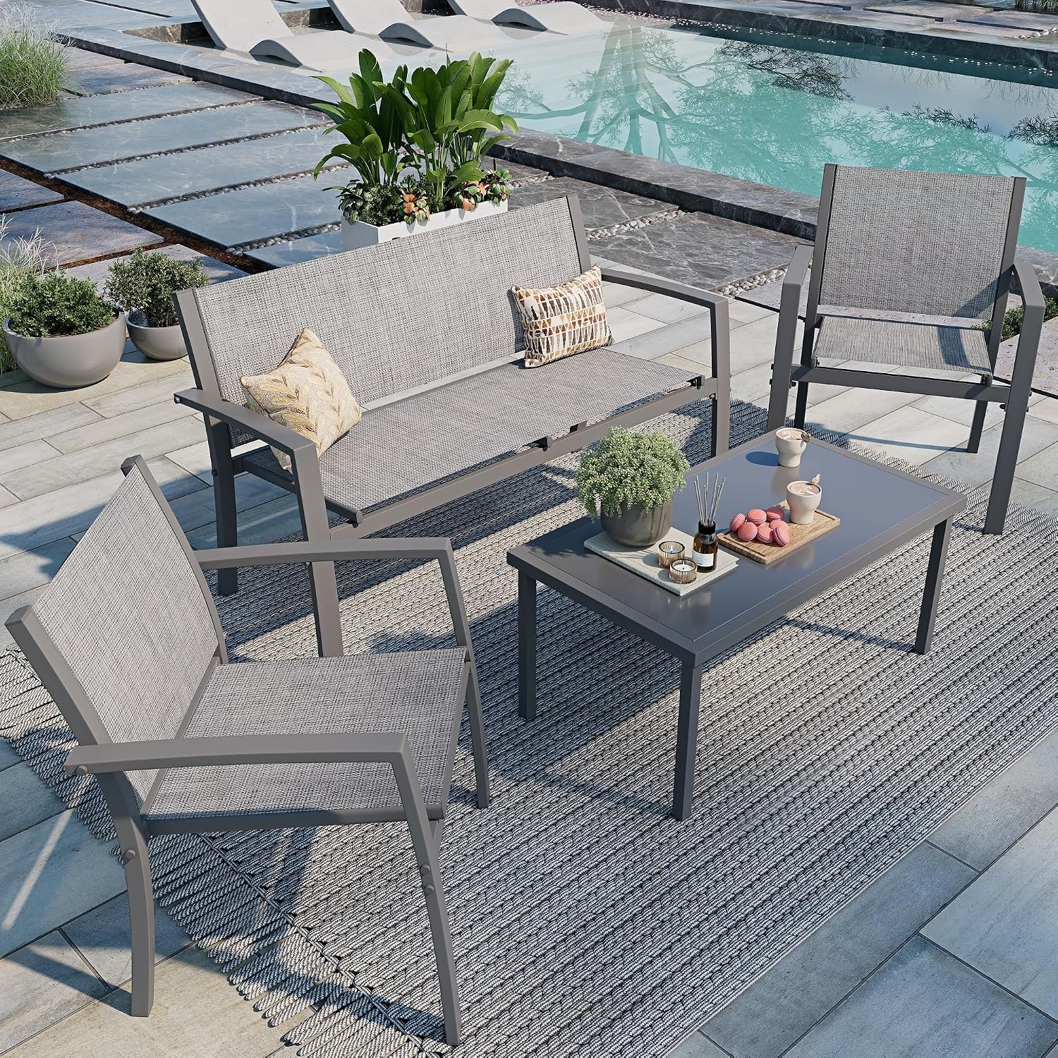 Shintenchi 4 Pieces Patio Furniture Set All Weather Textile Fabric Outdoor Conversation Set, with Glass Coffee Table, Loveseat, 2 Single Chairs for Home, Garden, Lawn, Porch（Silver）