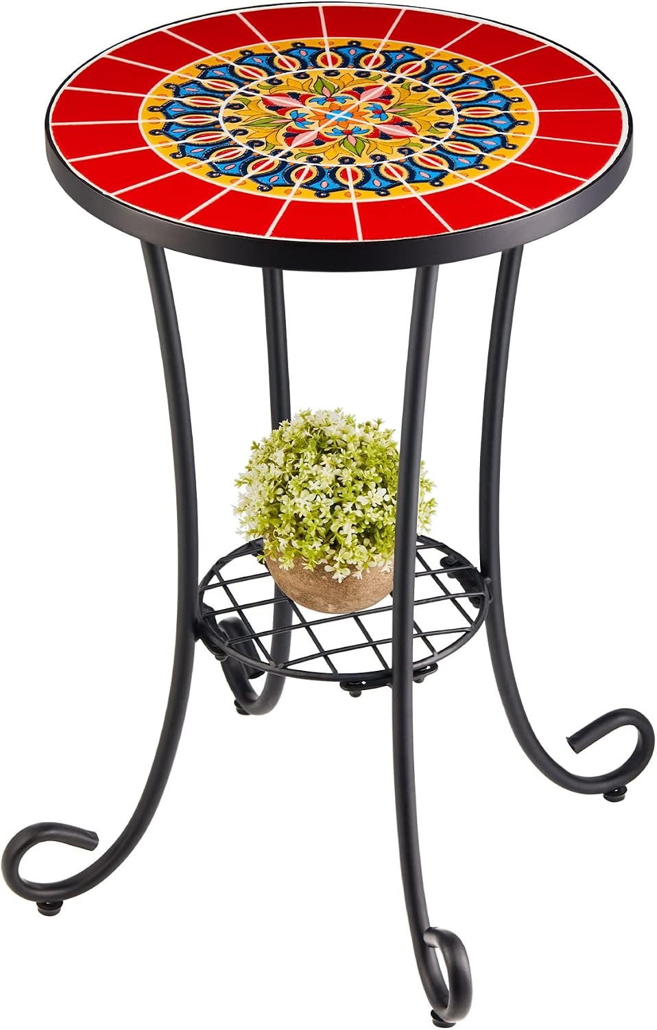 VONLUCE Patio Side Table and Plant Stand, 21″ End Table with 14″ Ceramic Tile Top for Porch Garden Decor, Indoor and Outdoor Mosaic Table, Living Room Bedroom Balcony Furniture for Home & Garden, Red